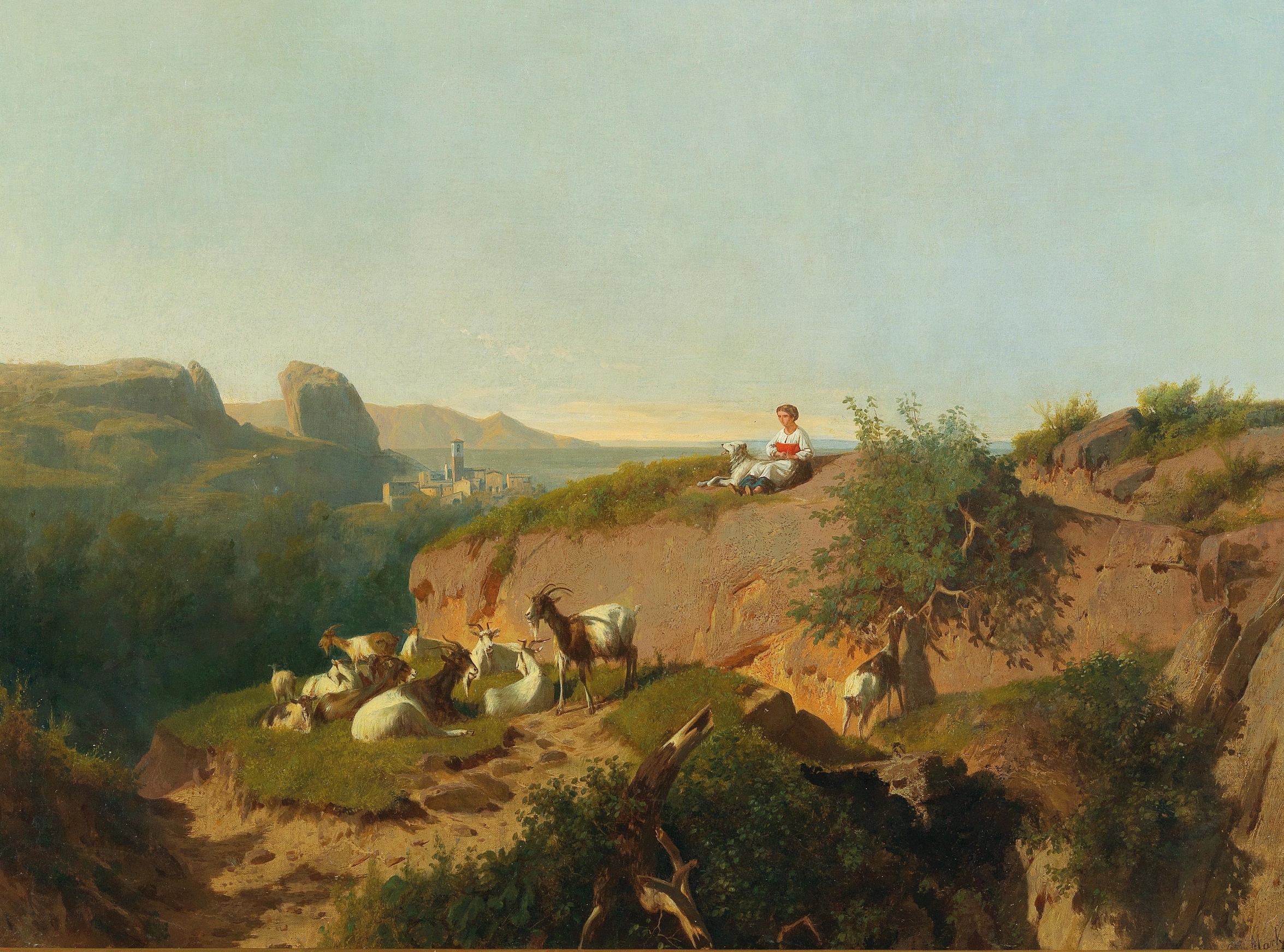 Southern Landscape With Goats And Shepherd, oil on canvas by András Markó, depicting a shepherd with goats in a tranquil landscape.
