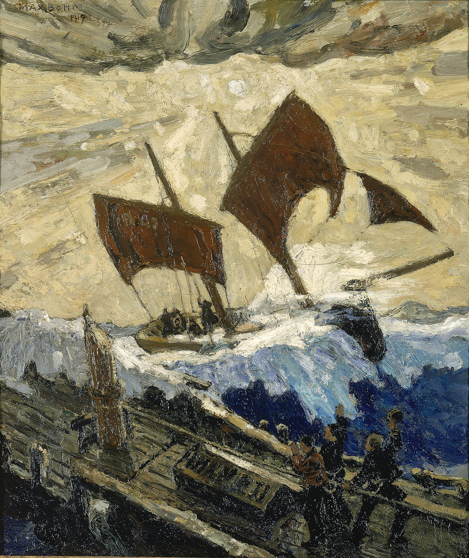 An Incident on the English Channel by Max Bohm, oil on canvas depicting turbulent ocean and dramatic sky.