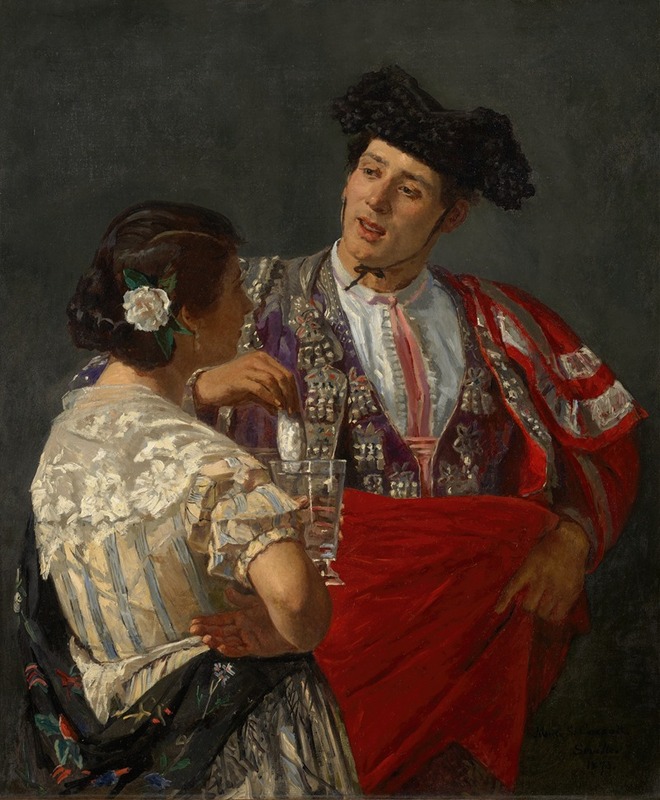 A painting depicting a bullfighter receiving an offering.
