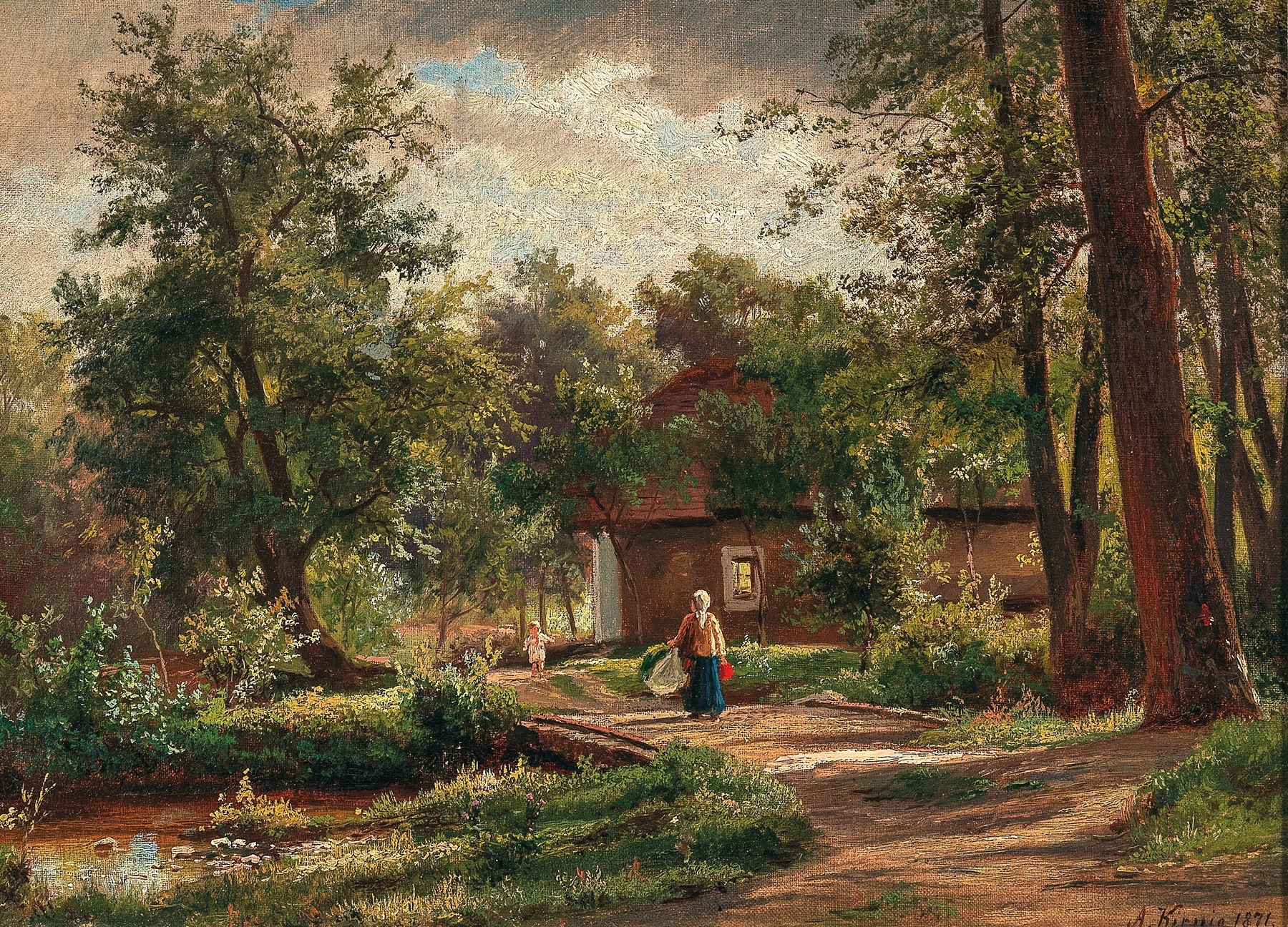 Rural Idyll by Alois Kirnig, oil on canvas depicting a mother returning home at sunset.