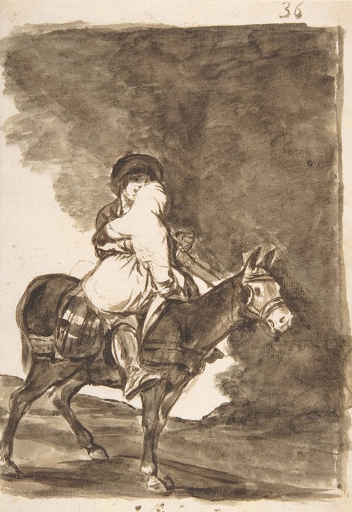 A man and woman riding a mule through a rural landscape.