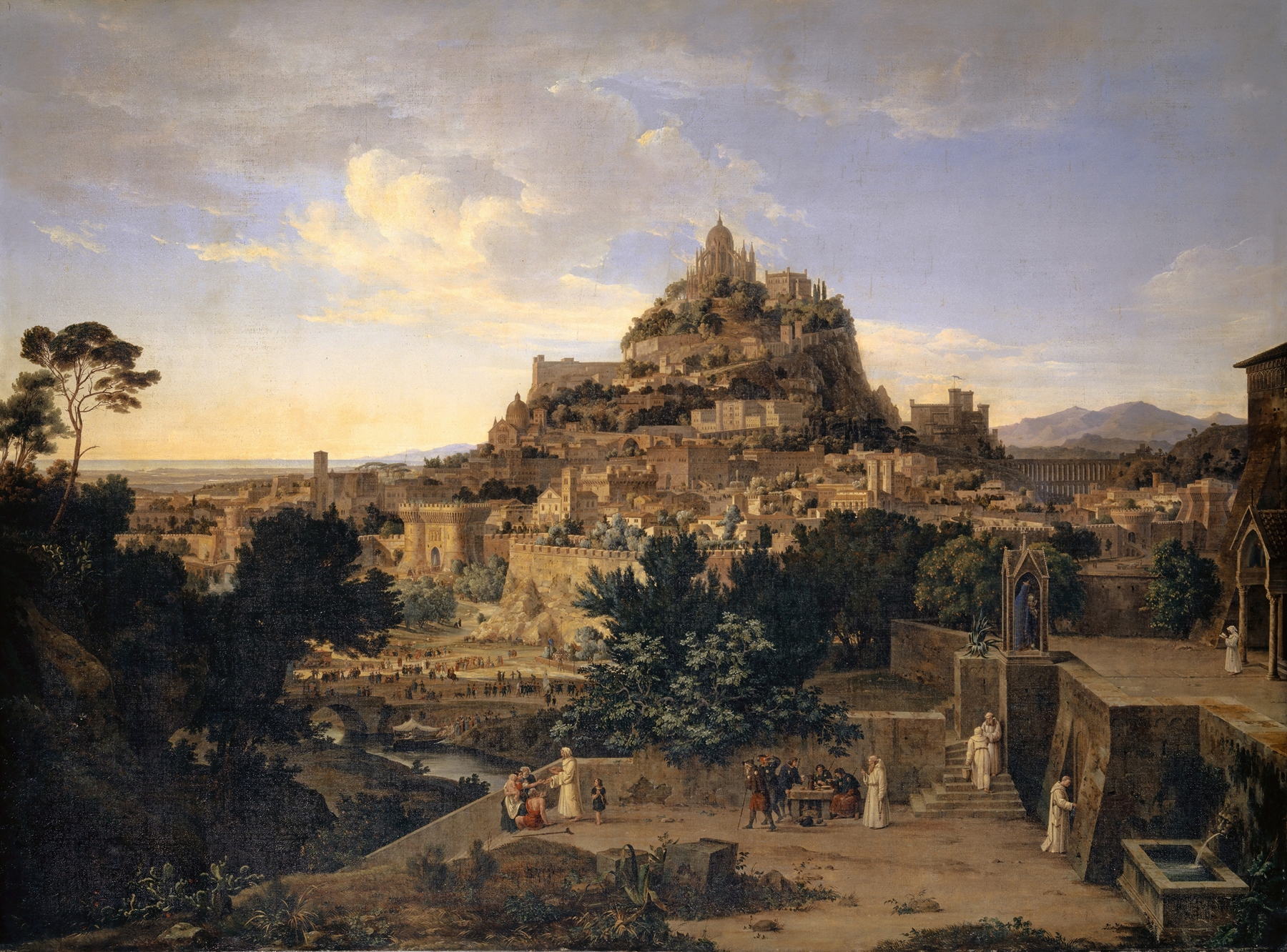 Historical scene with intricate figures in vibrant colors, oil painting by August Wilhelm Julius