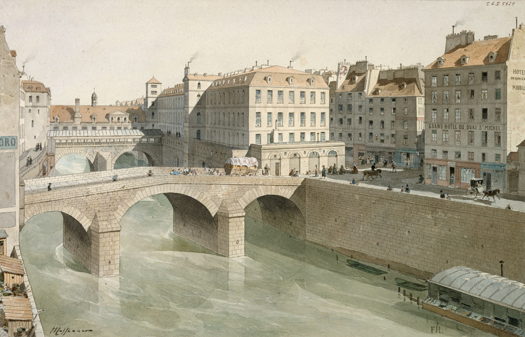 Landscape of Le Petit-Pont et la place du Petit-Pont en 1830 by Fédor Hoffbauer, medium unknown.