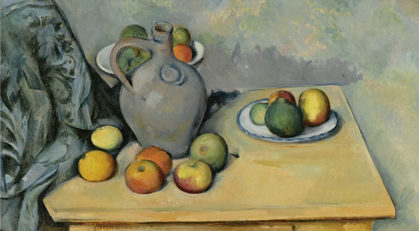 A still life painting featuring a pitcher and fruits on a table.