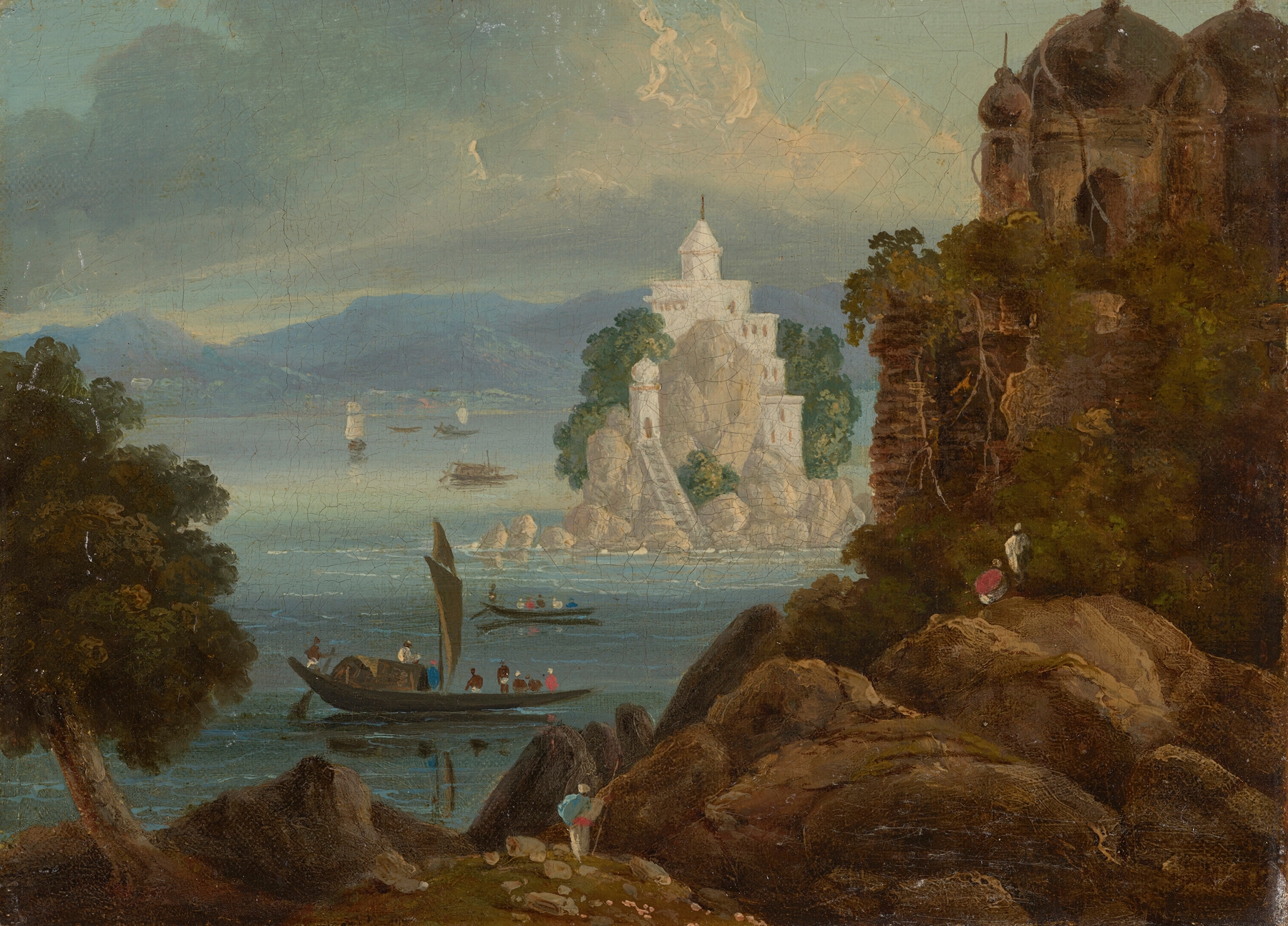 Watercolour by Sir Charles D'Oyly depicting a rock formation on the Ganges River