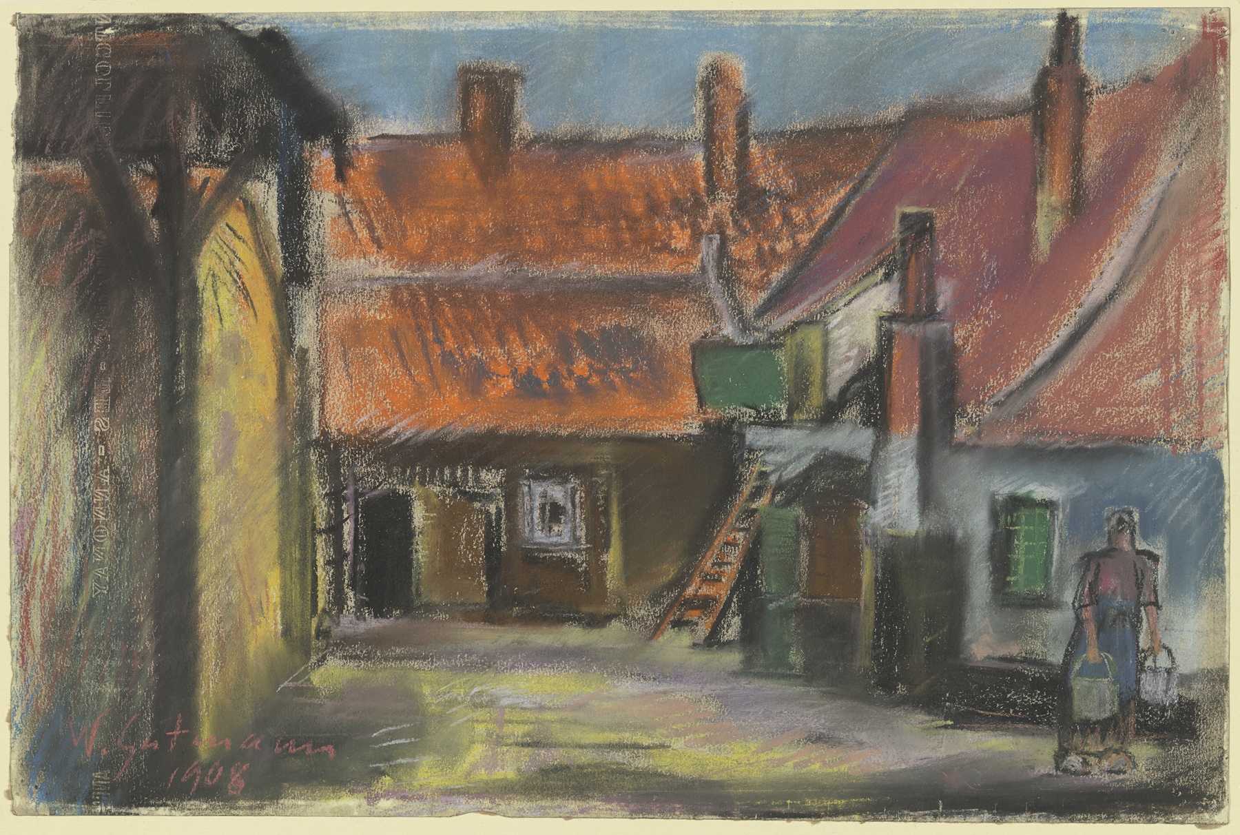 Oil painting by Wilhelm Gutmann depicting a water carrier in a village landscape.