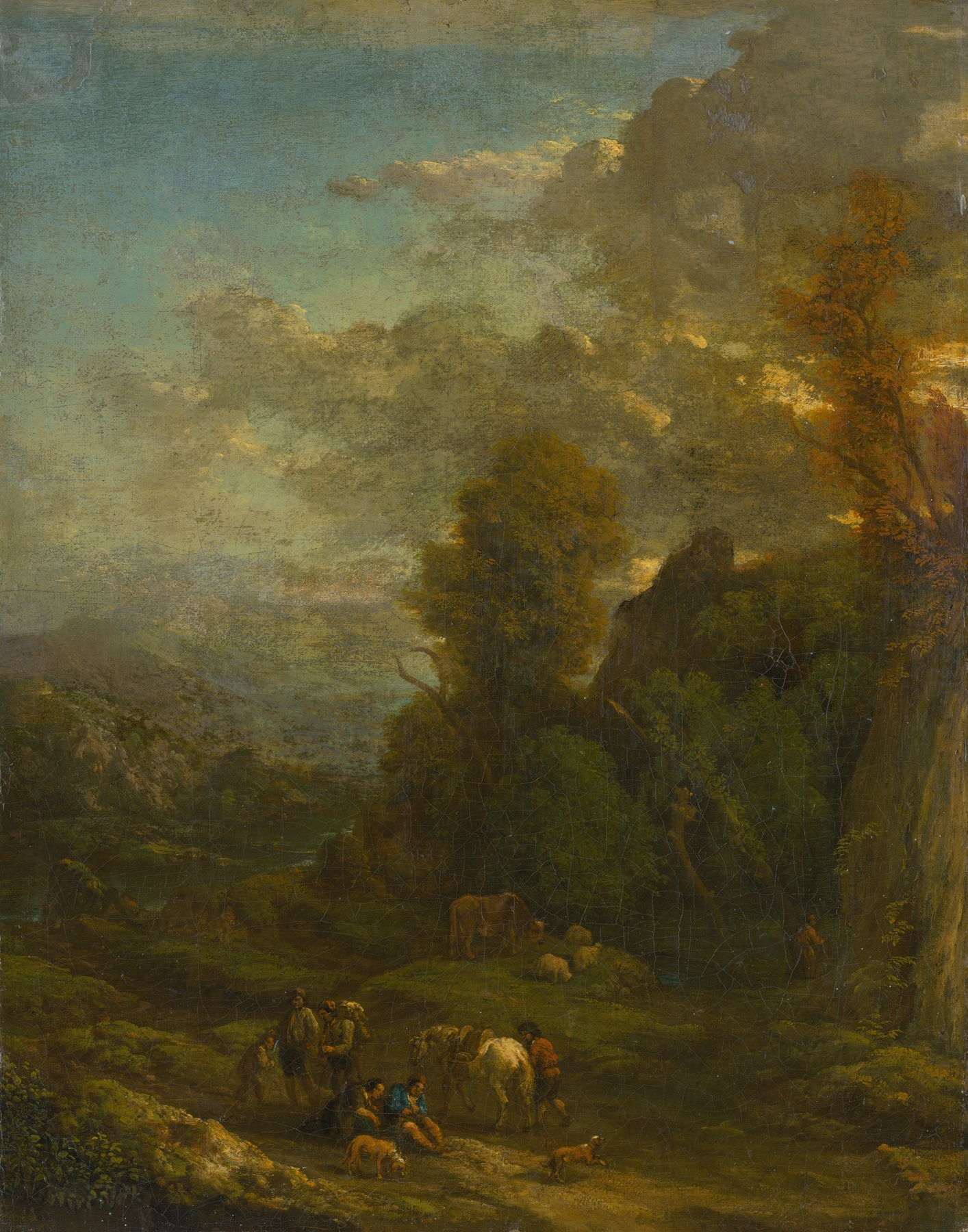 Evening Landscape With Travellers, oil on canvas by Cornelis Huysmans, depicting a twilight scene with figures on a path.