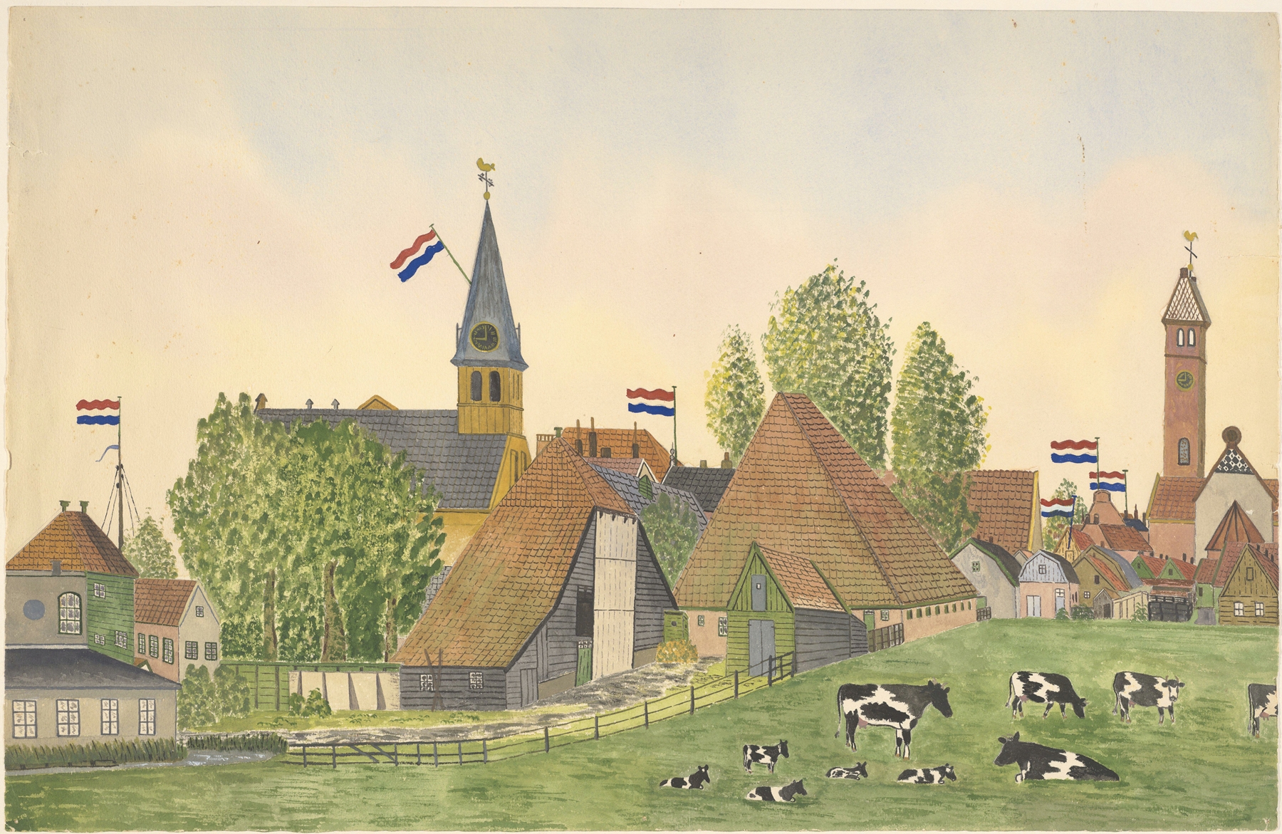 Cityscape with Dutch flag waving, oil on canvas by Johannes Nicolaas Eijman