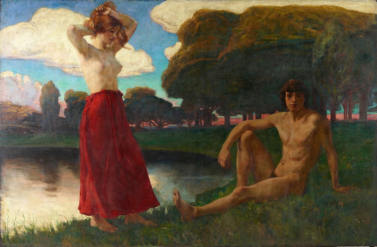 A painting depicting male and female figures in a serene landscape.