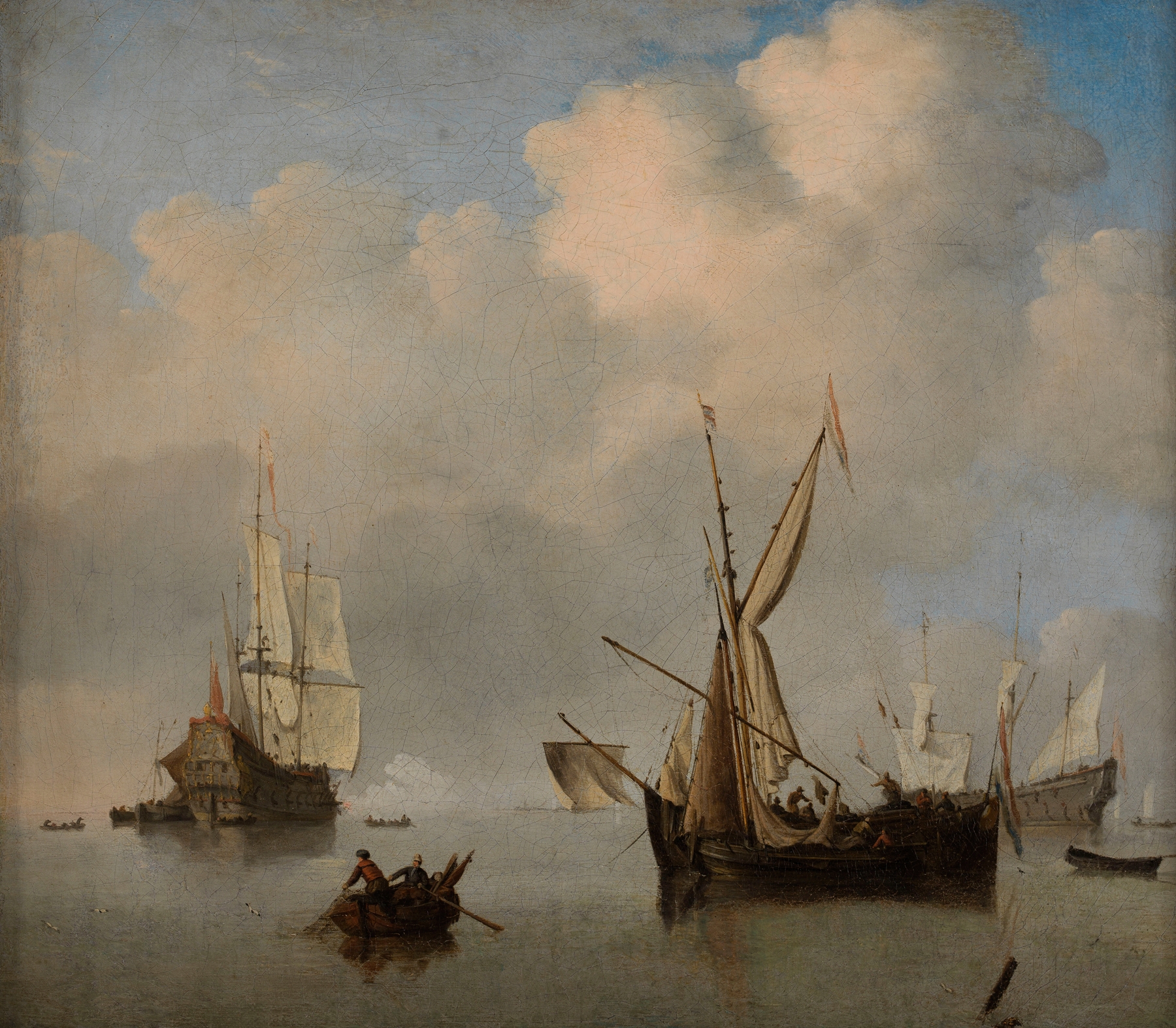 Mer calme; deux petits cabotiers néerlandais à l’ancre bord-à-bord. Marine, by Willem van de Velde the Younger, public domain