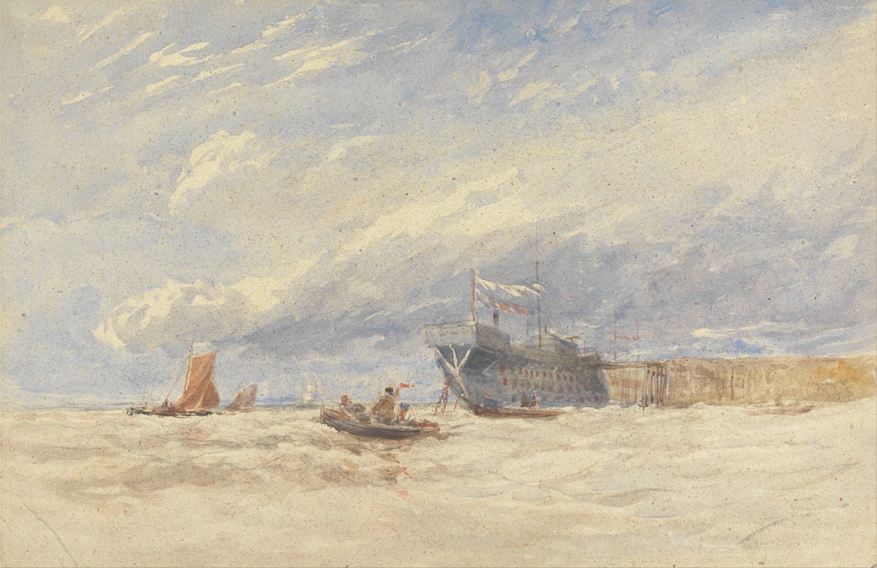 Watercolour by David Cox depicting a figure standing on the Medway riverbank.