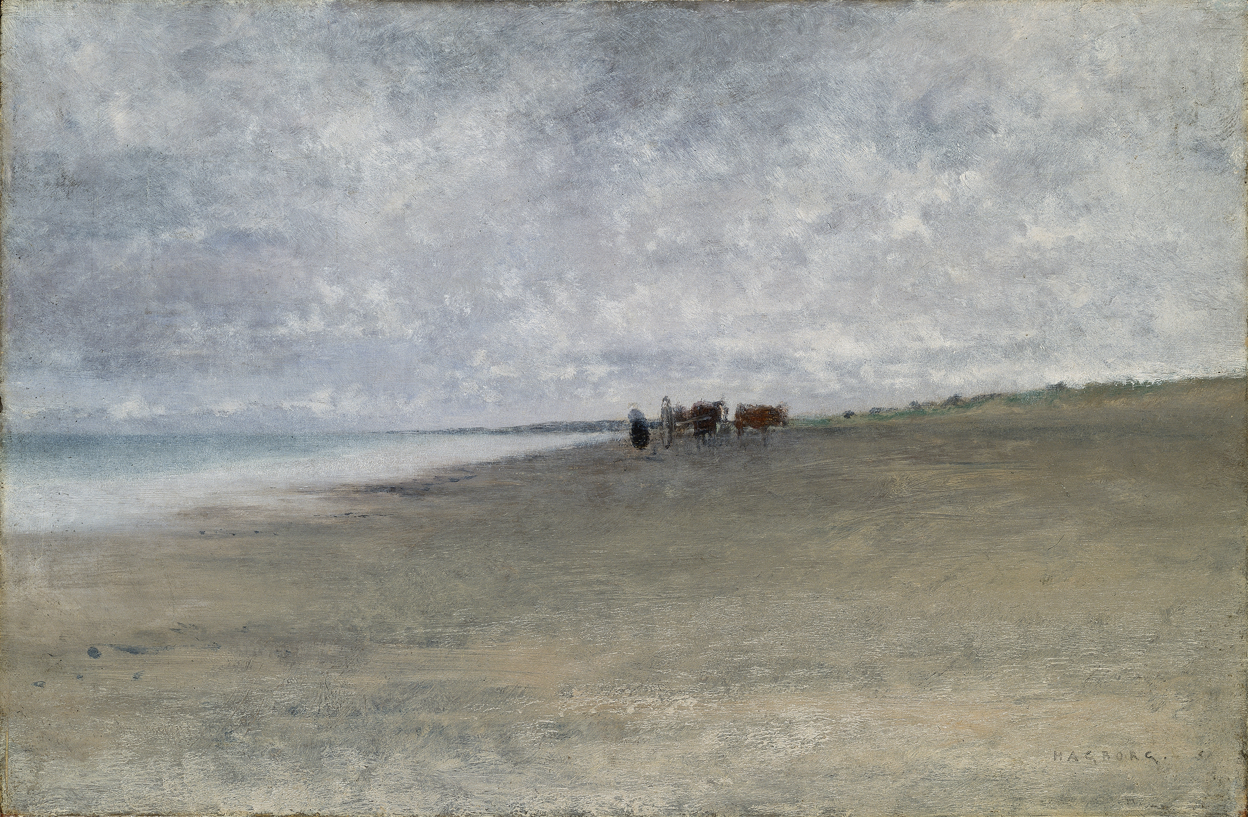 Hazy Weather by the Sea, oil on canvas by August Hagborg, depicting a foggy seaside landscape.