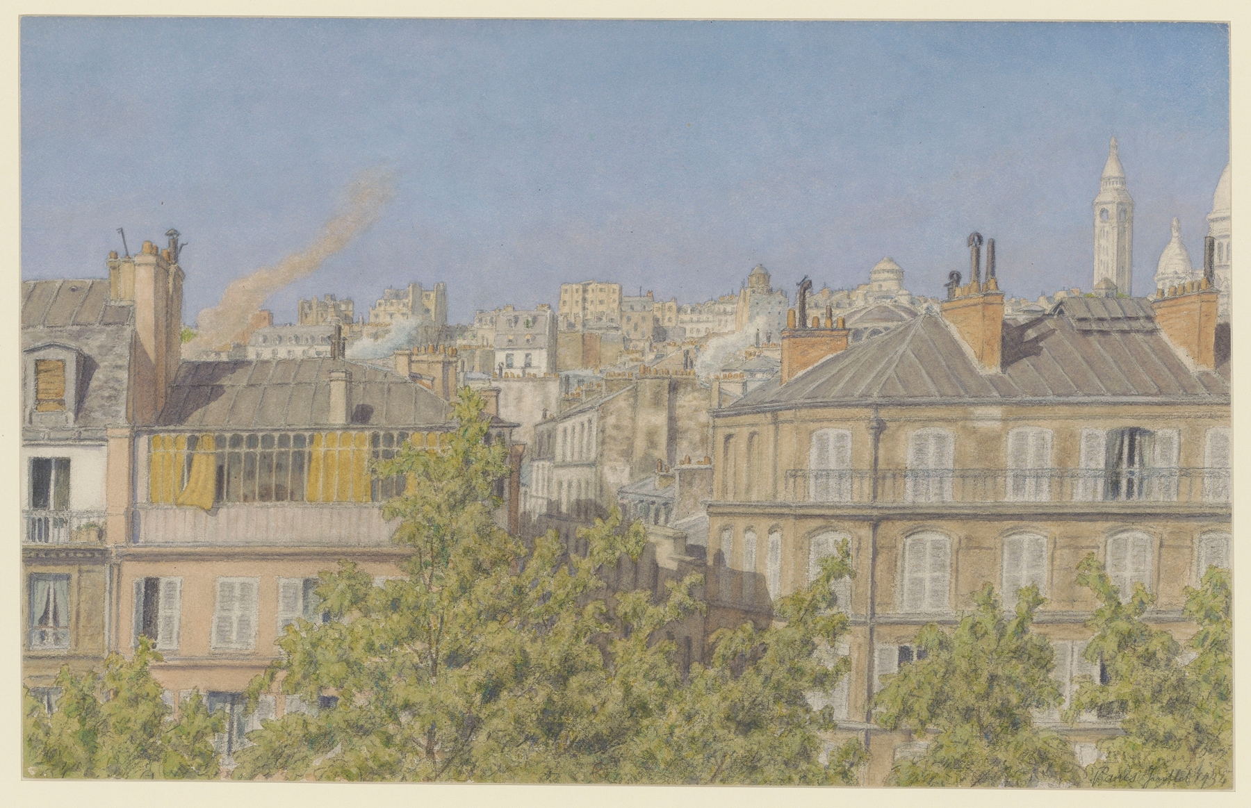 Lithograph by Henri Rivière showing a balcony view of Paris