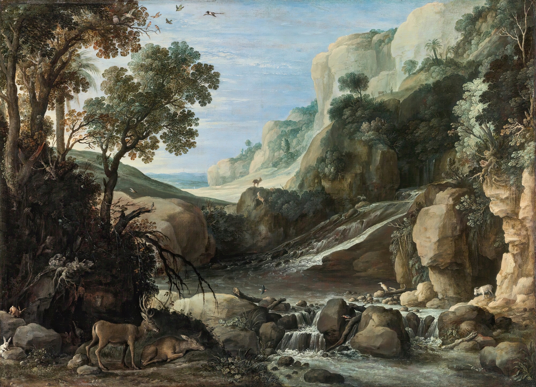 Mountainous Landscape With Wildlife Around A Cascade, by Paul Bril, public domain