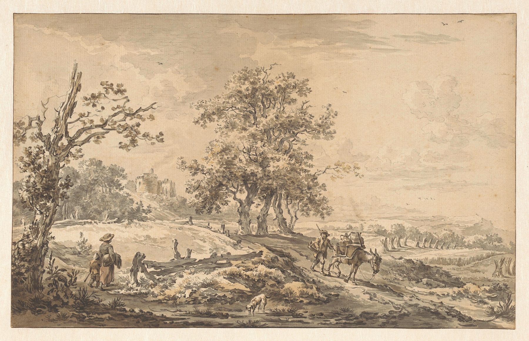 Vrouw met kind en man met ezel in landschap, oil on canvas by Egbert van Drielst