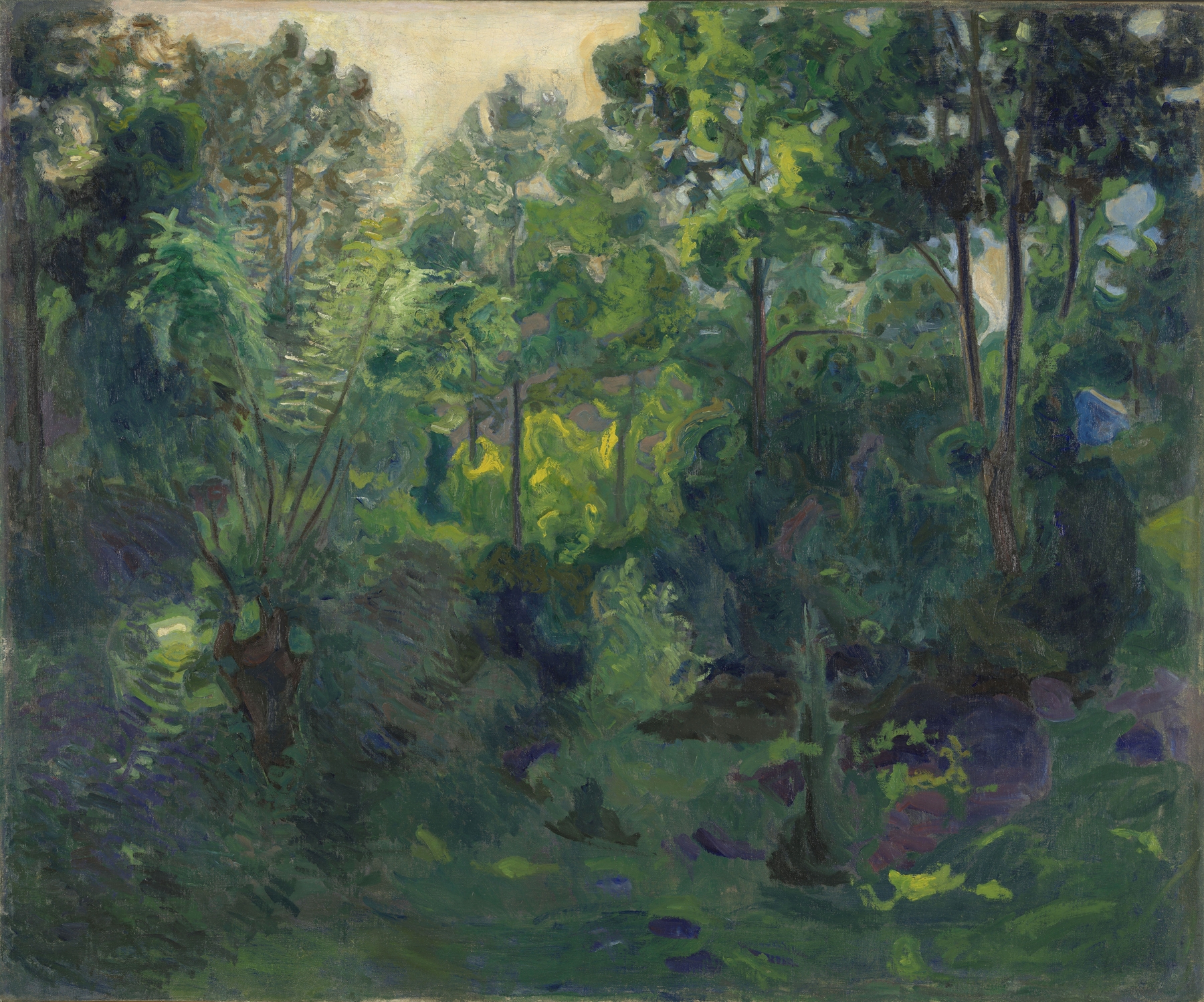 Wooded Landscape by Thorvald Erichsen, oil on canvas depicting a lush forest with dappled light.