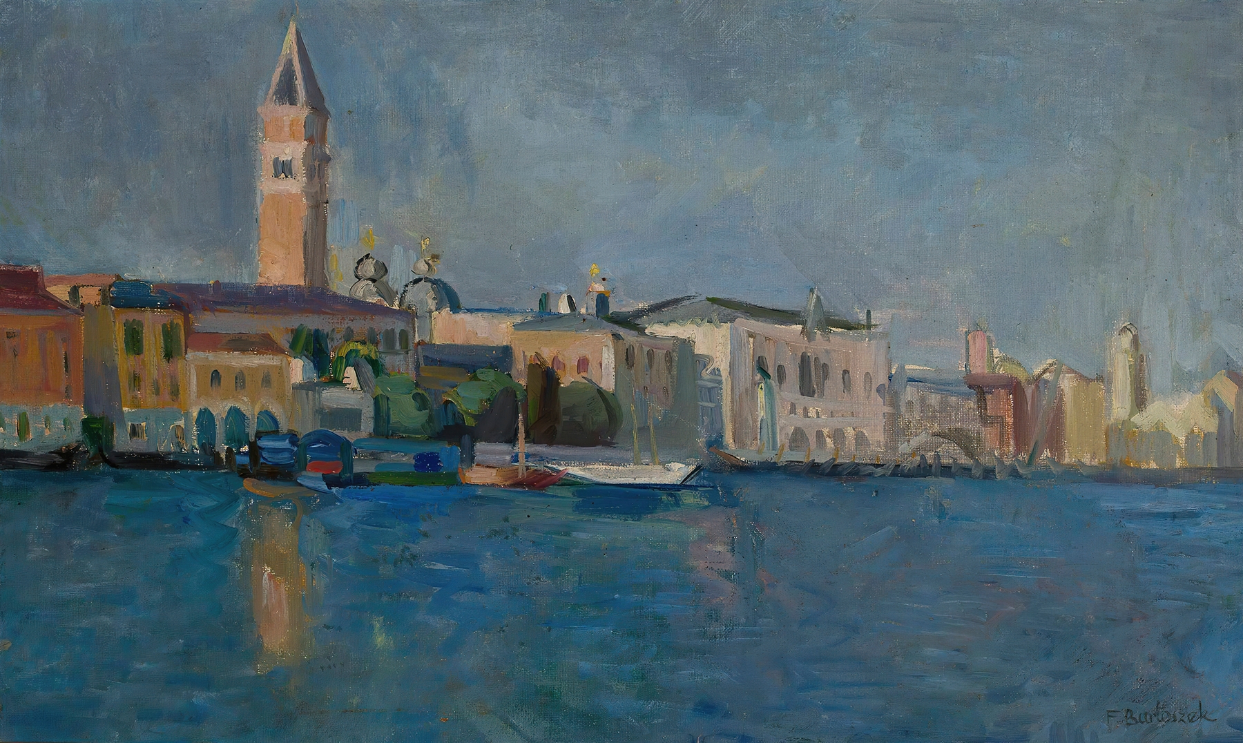 Venice landscape by Franciszek Bartoszek, oil on canvas depicting sunlight on buildings and reflections in water.