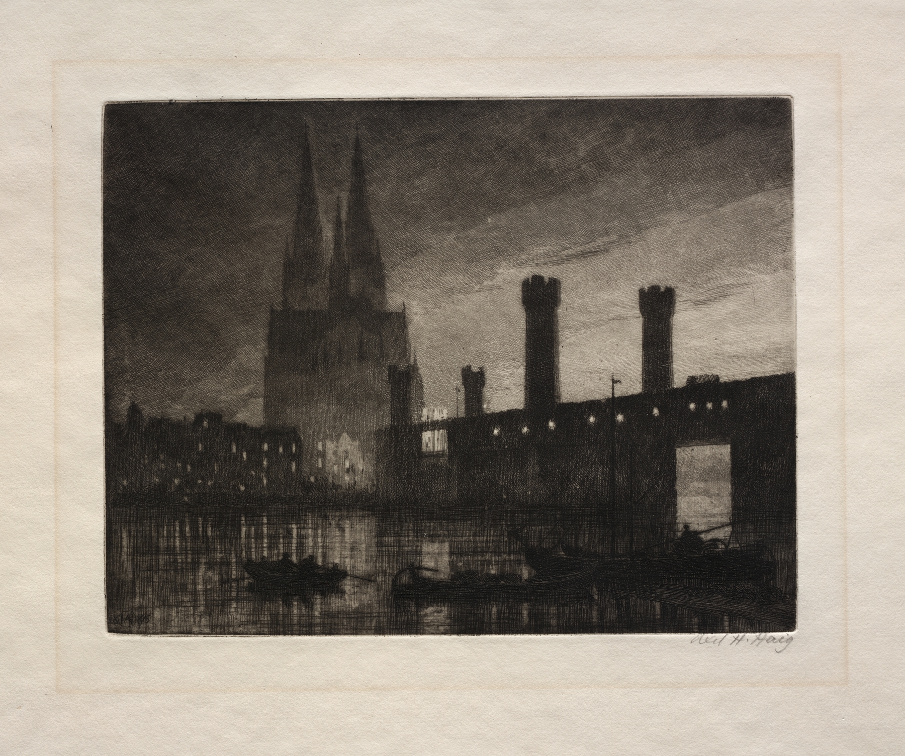 Cologne engraving by Axel Herman Haig showing a cathedral at twilight