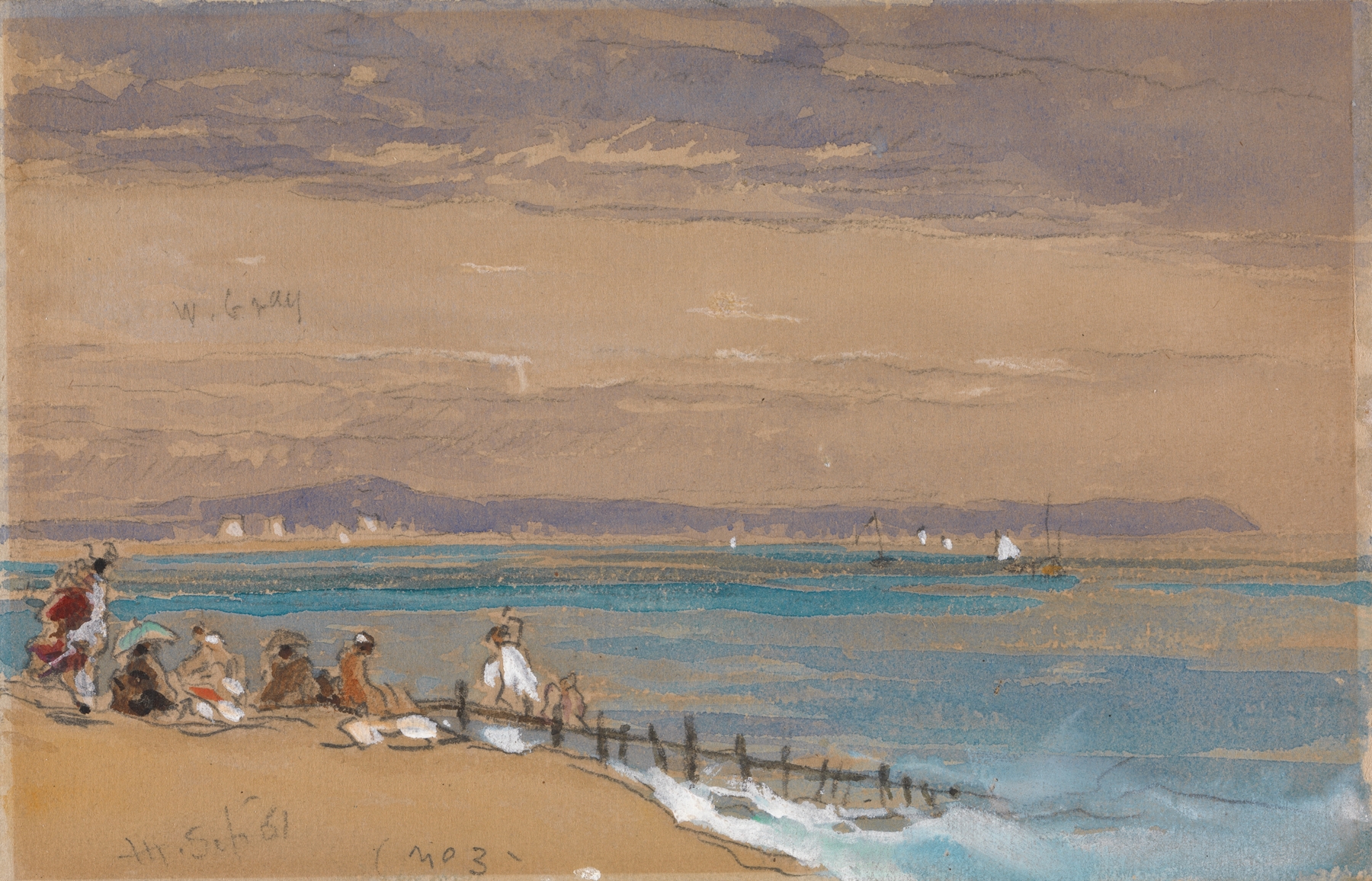 Beach scene with figures near a breakwater, oil on canvas by James Holland