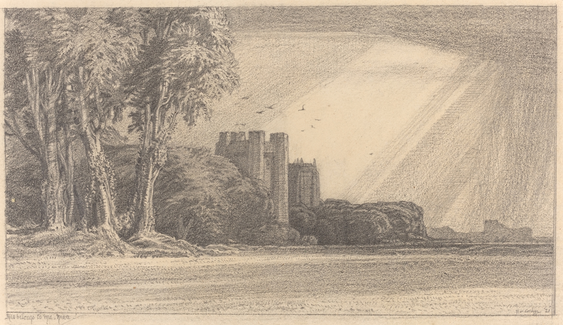 Landscape with Castle by Frederick Landseer Maur Griggs, oil painting depicting a castle and rolling hills.