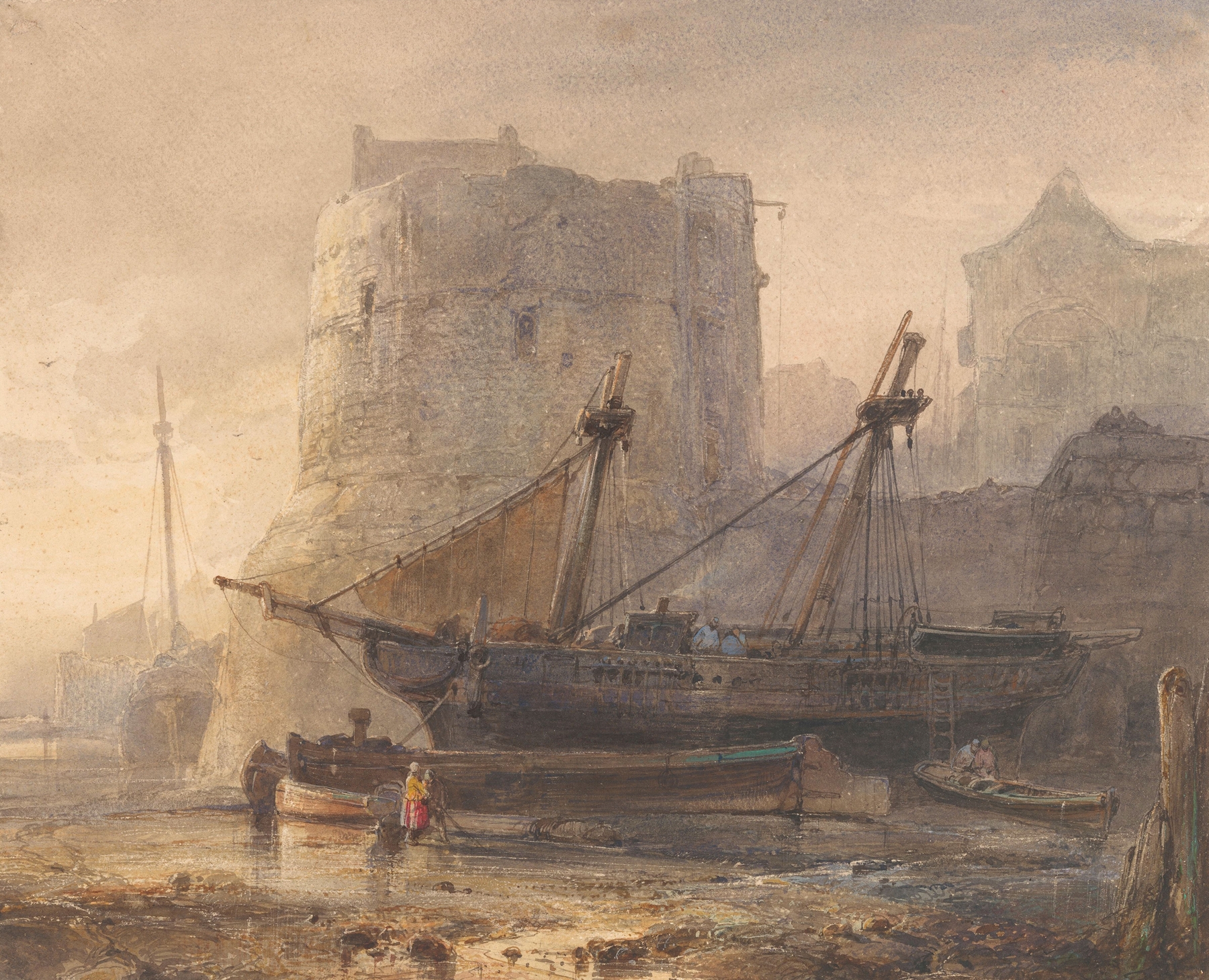 Marine scene with boats in shallow water by Wijnand Nuijen, oil painting