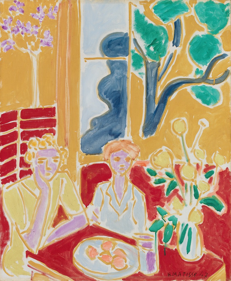 Henri Matisse's *Deux Fillettes, fond jaune et rouge* features two young girls against a vibrant yellow and red background.