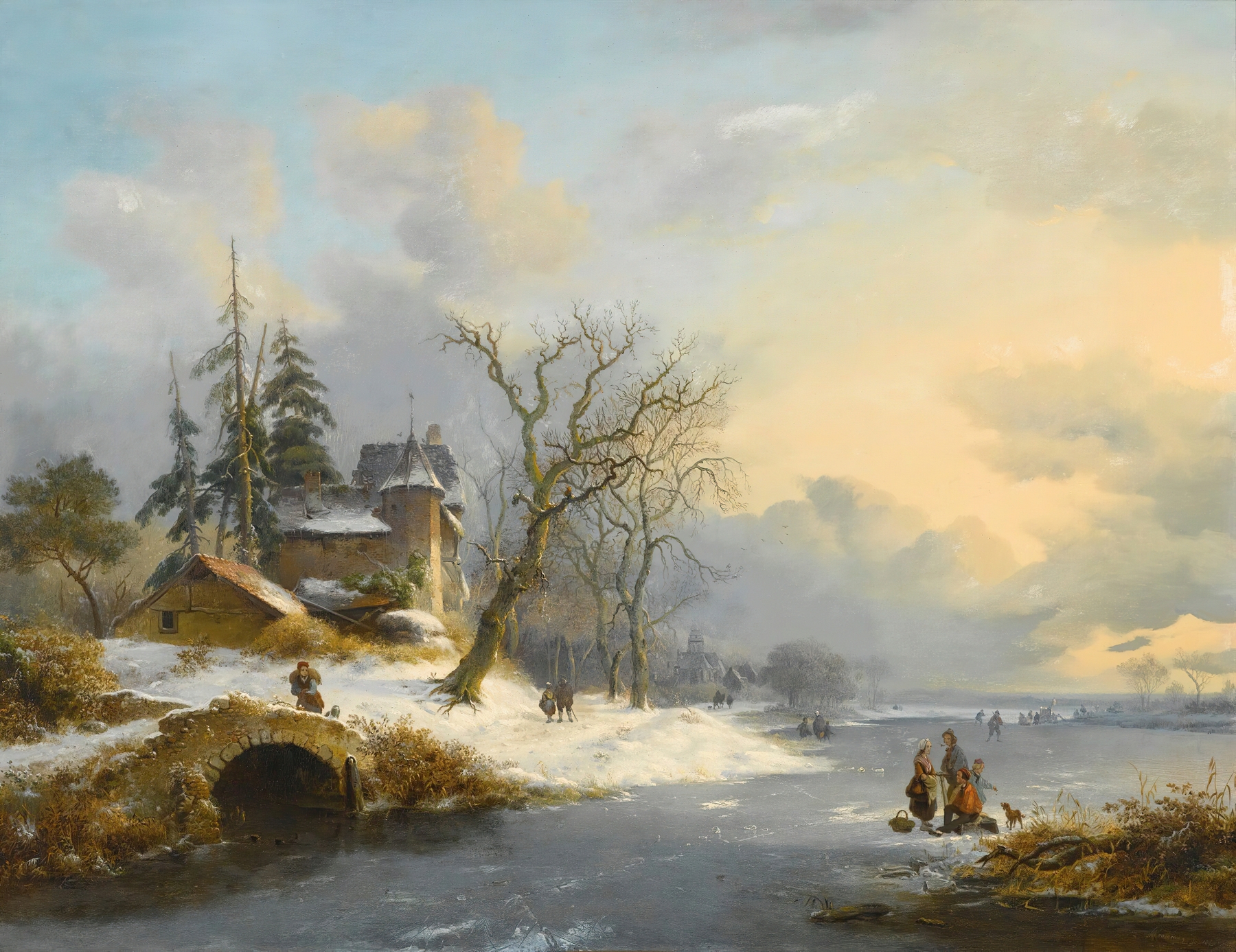 Winter landscape with skaters and strollers, oil on canvas by Frederik Marinus Kruseman