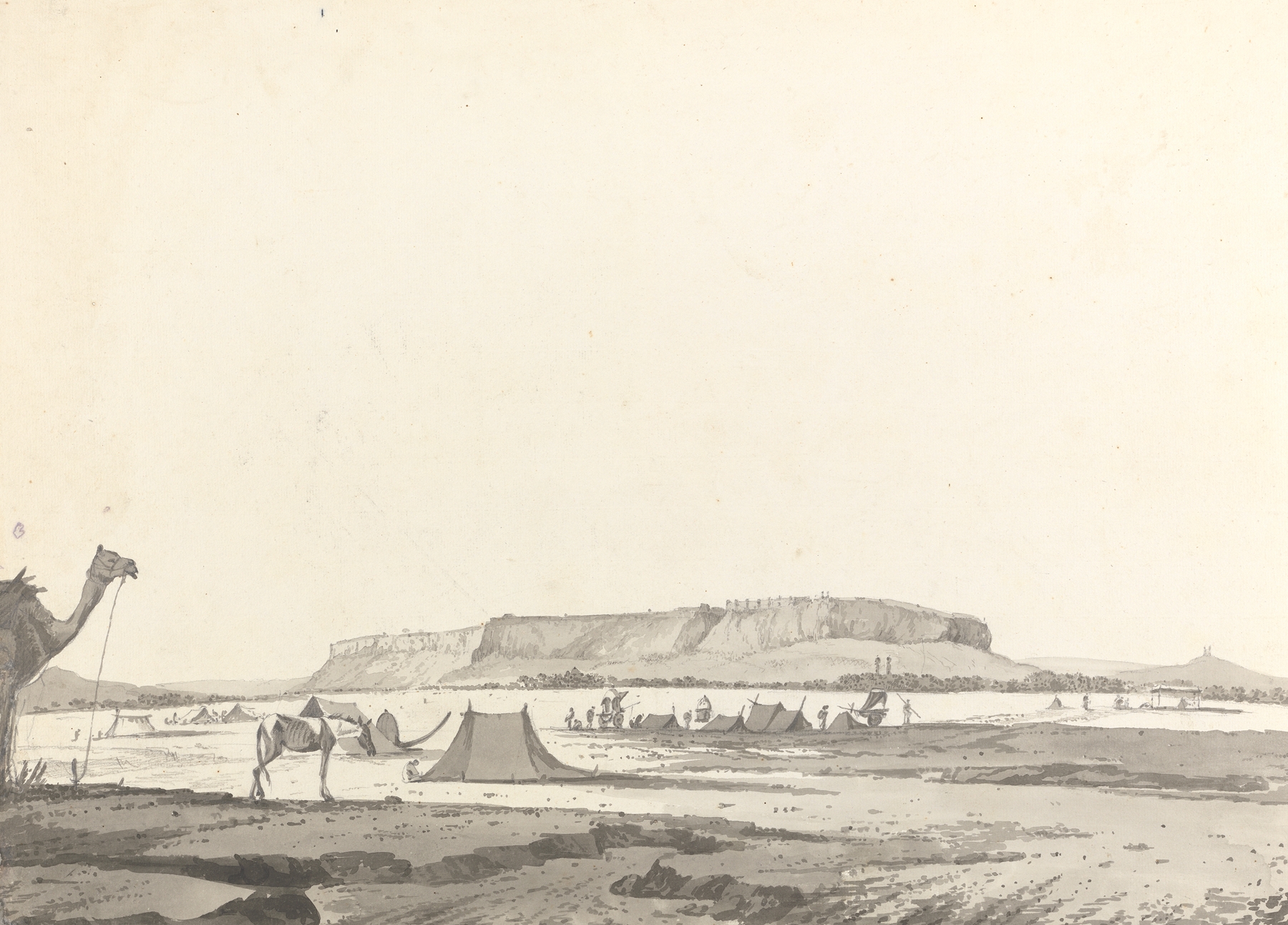 Ink on paper drawing by William Hodges depicting a landscape with intricate foliage.