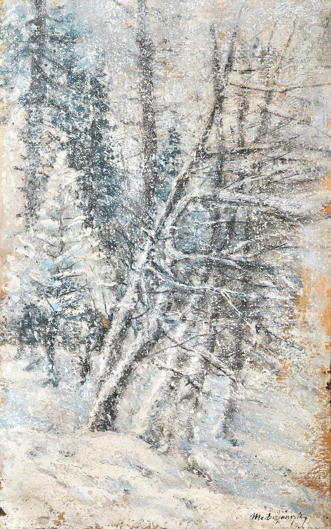 Wintry forest scene with light filtering through trees by Ladislav Mednyánszky, oil painting