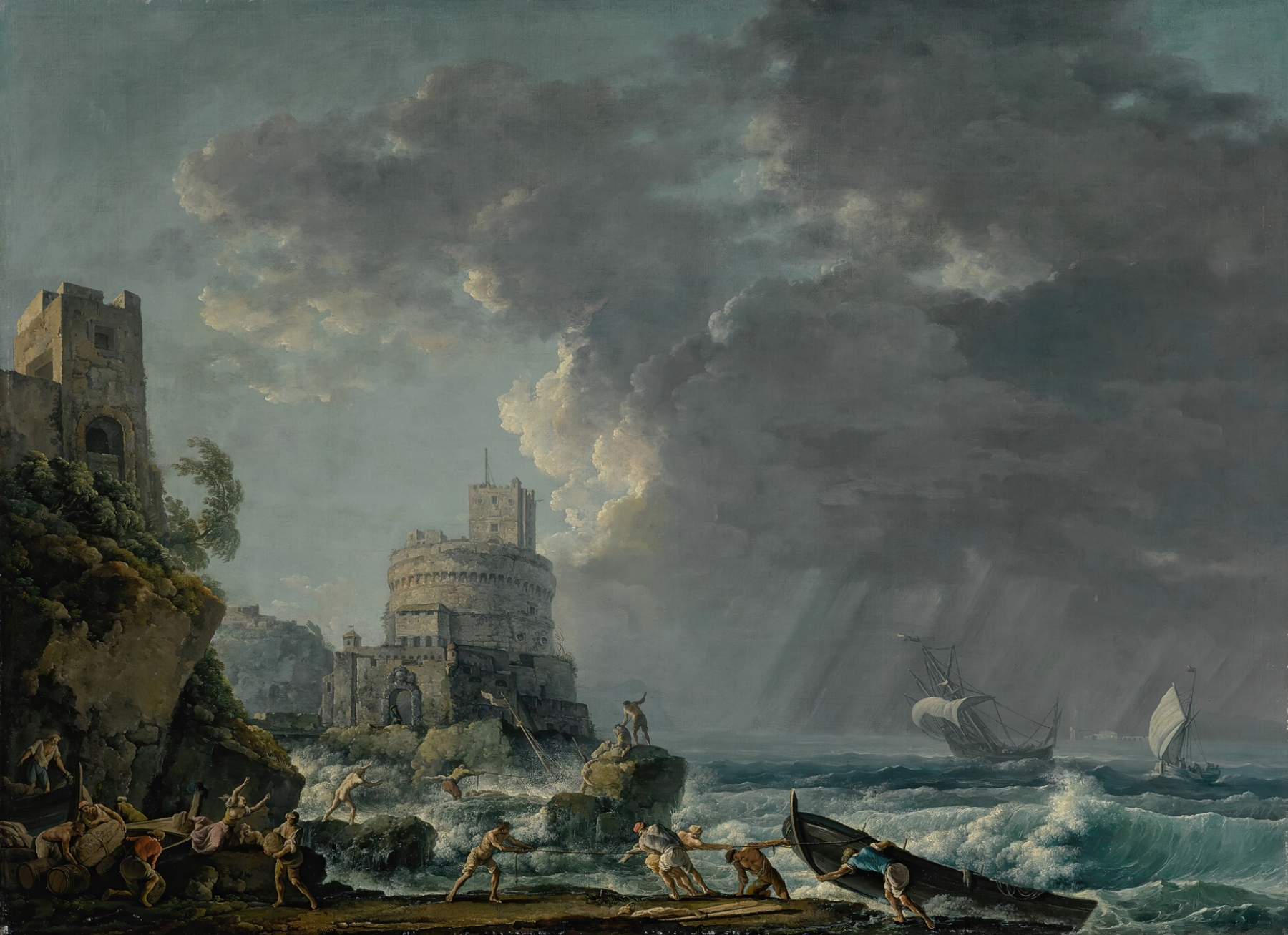 A storm off a rocky coast, shipwreck in foreground, oil painting by Carlo Bonavia