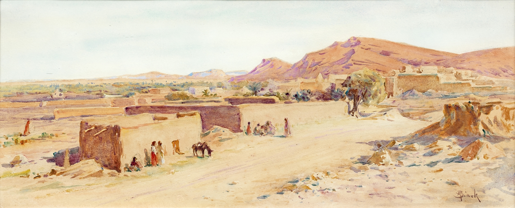 Landscape oil painting by Alphonse Birck depicting hills and vibrant colors