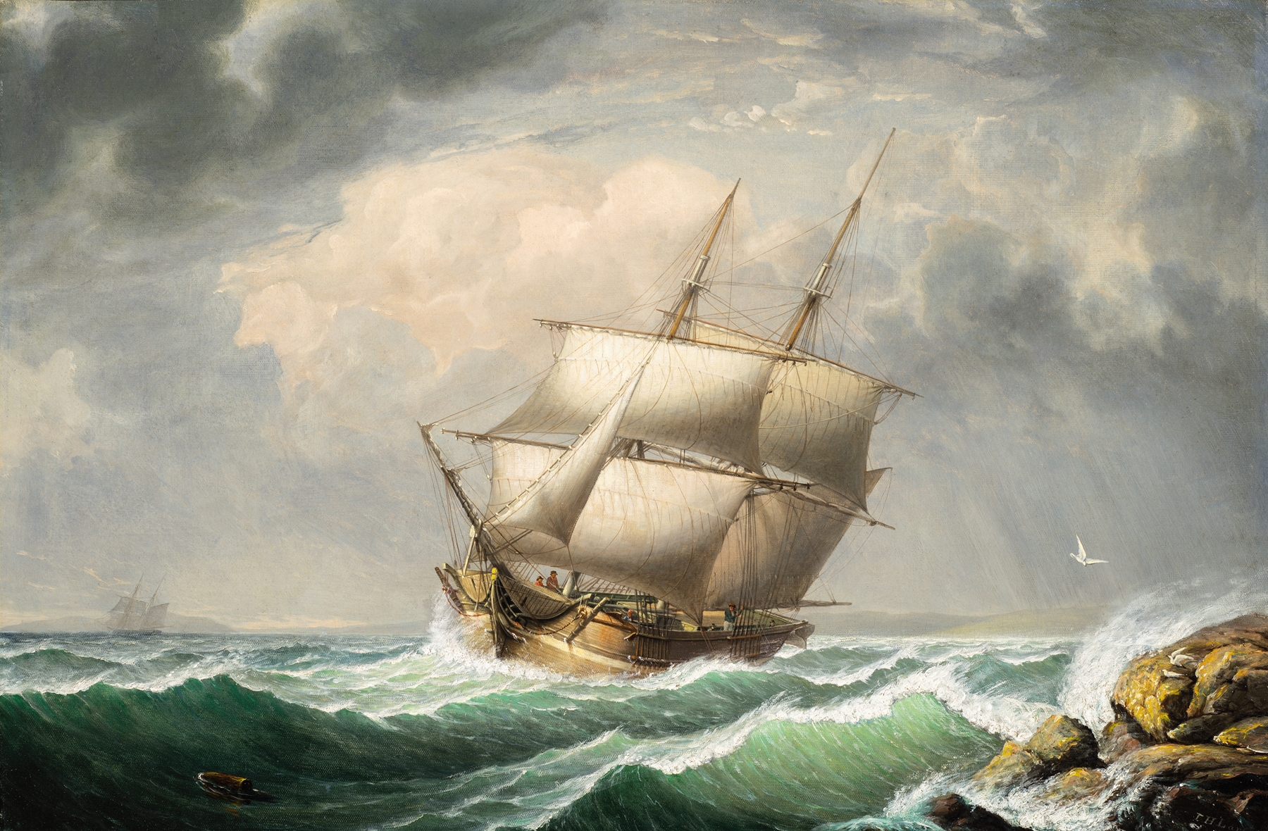 Marine scene featuring a brig at sunset, oil painting by Fitz Henry Lane