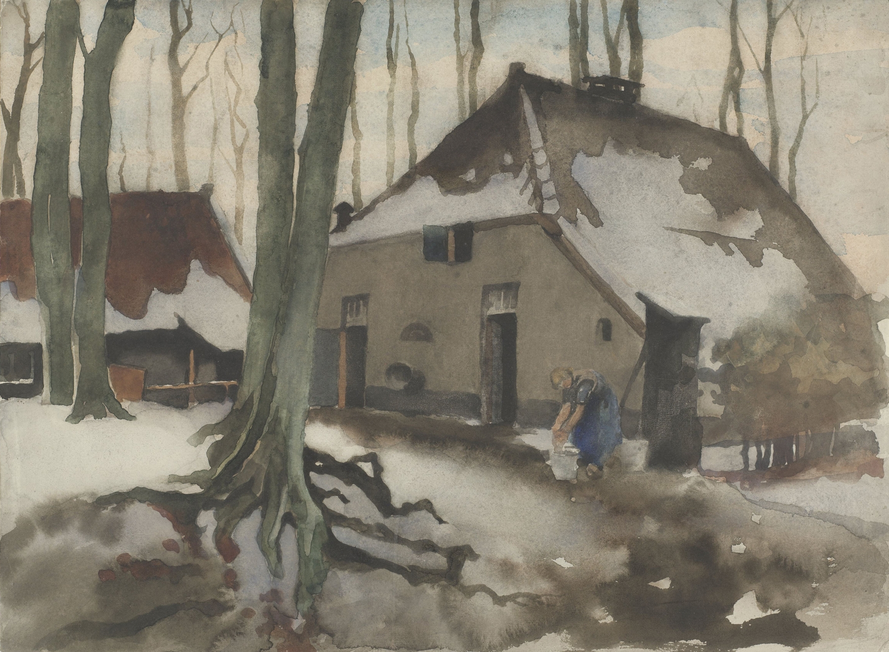 Vrouw voor een huis in een besneeuwd bos, by Willem Witsen, public domain