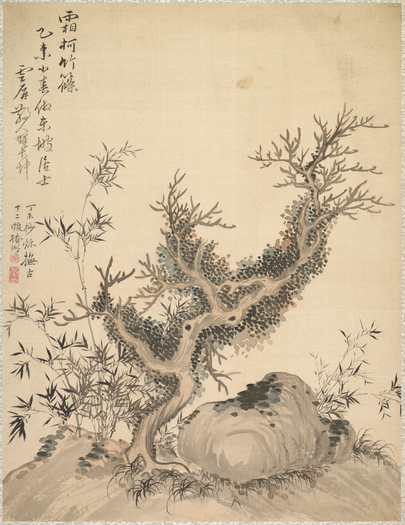 Frosted Branches and Dwarf Bamboo, ink on silk by Tsubaki Chinzan