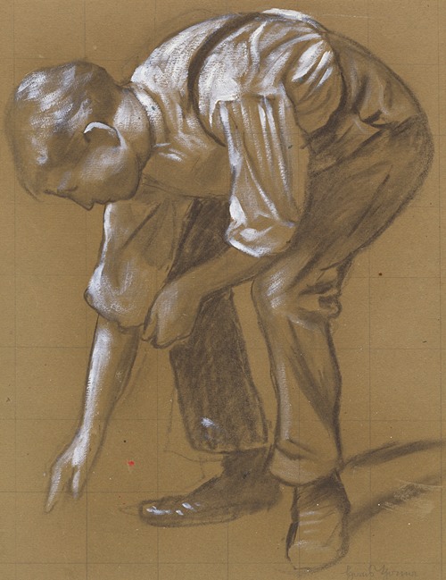 A man bending over, engaged in a task with a serene expression.