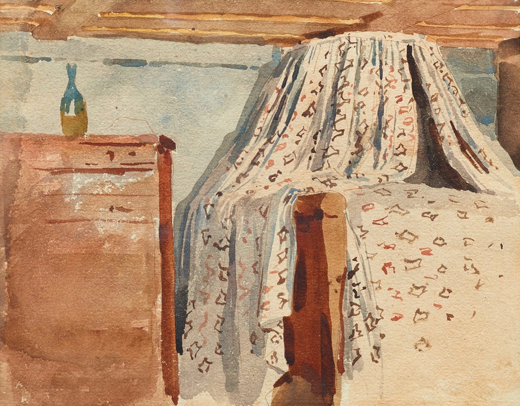 A serene interior scene depicting a bedroom with warm colors and soft lighting.
