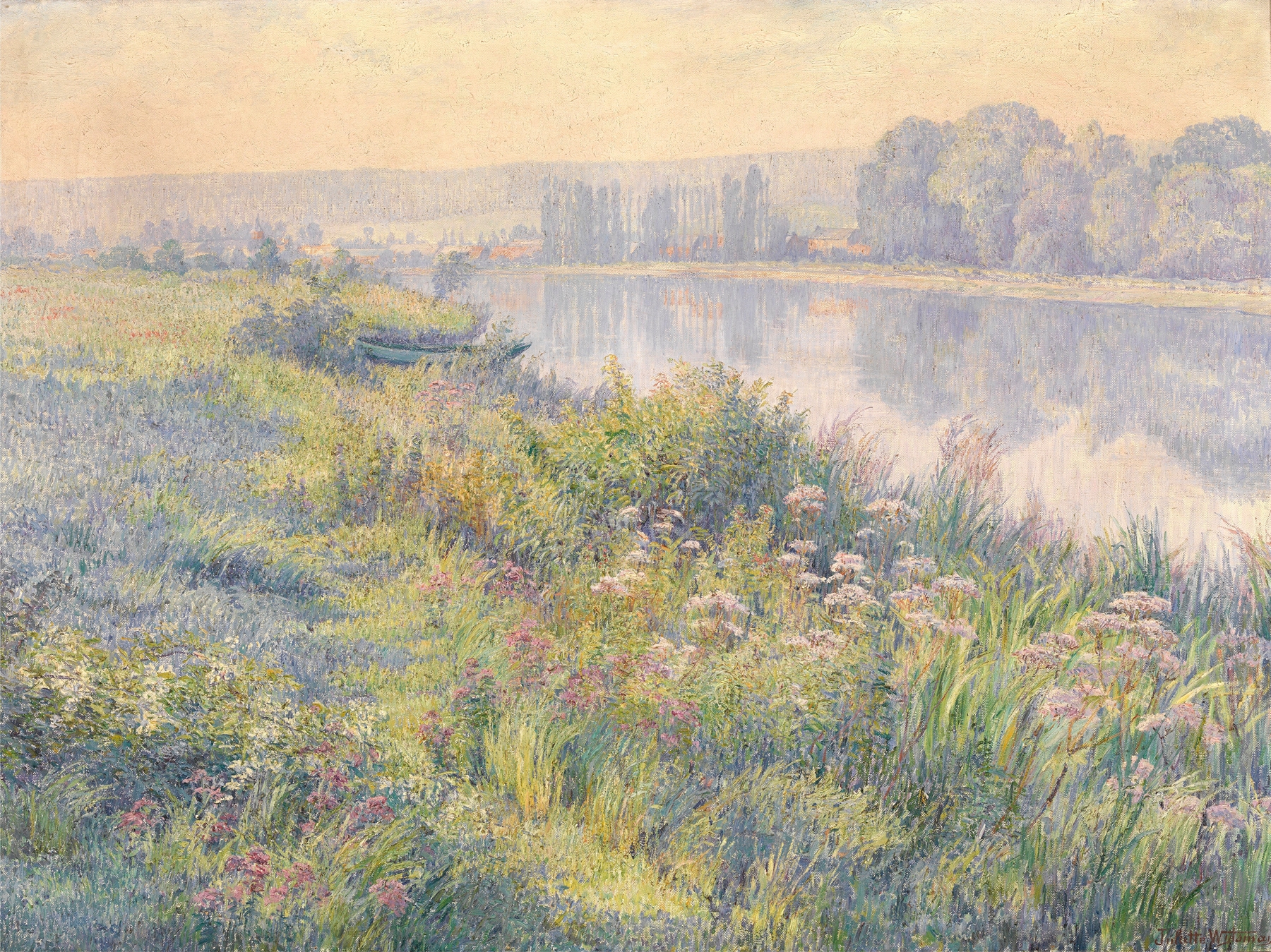 Summer by the Meuse, oil on canvas by Juliette Wytsman-Trullemans, depicting a tranquil river scene.