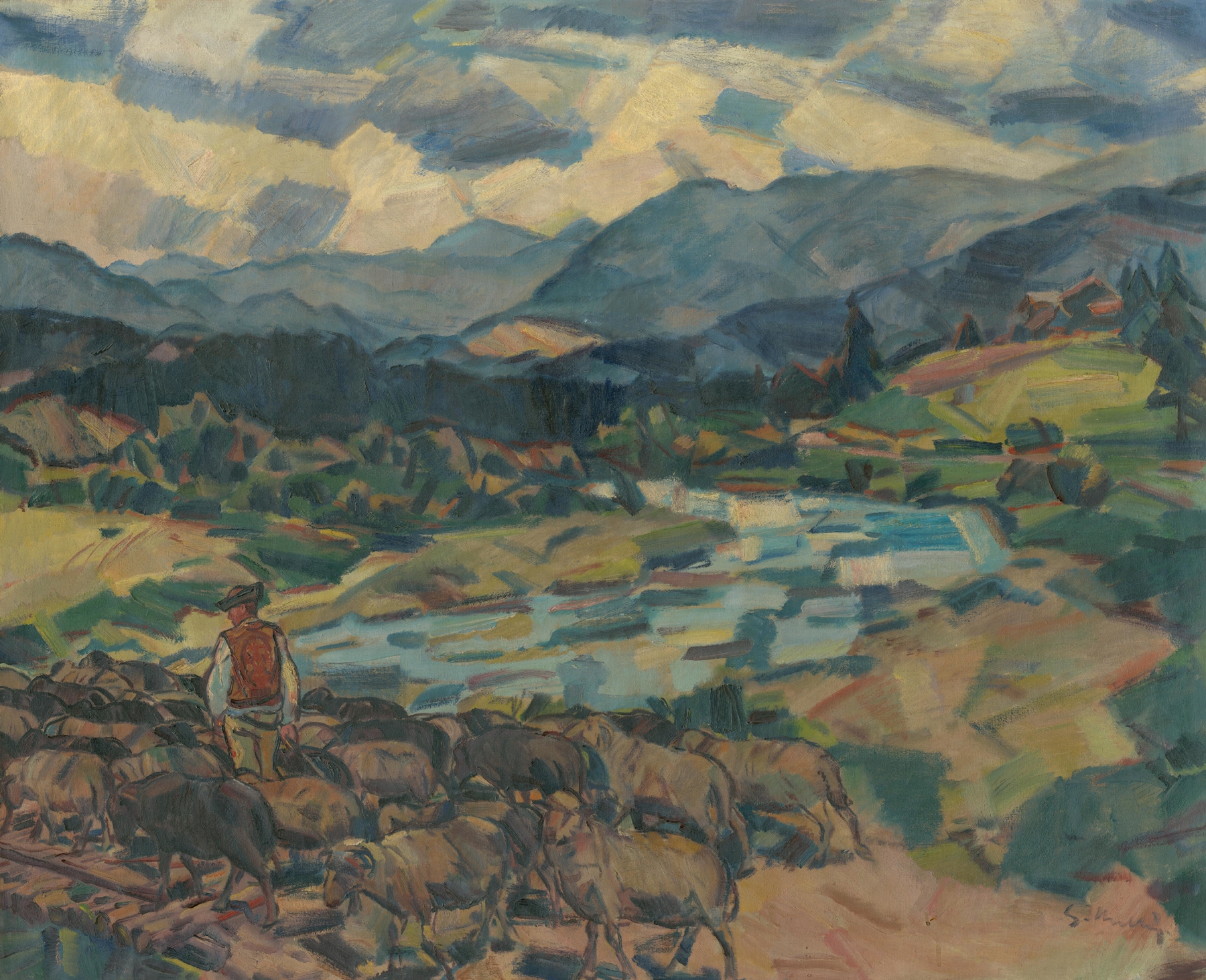 To the Pasture by Gustáv Mallý, oil on canvas depicting lush green fields and rolling hills under golden light