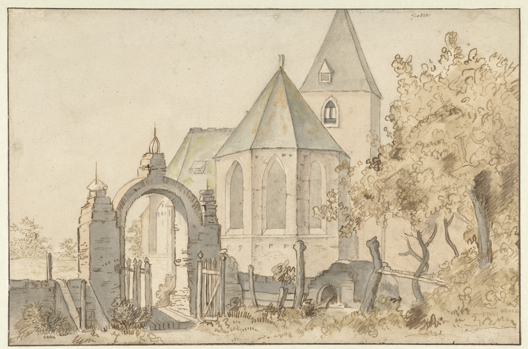 Kerk te Soest by Anthonie van Borssom, oil on canvas depicting a church with spire and clouds.