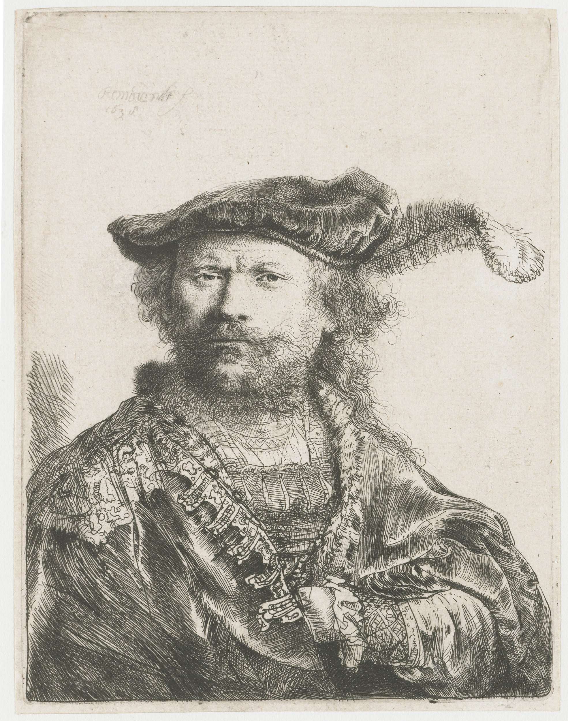 Self-portrait in a velvet cap with plume, by Rembrandt van Rijn, public domain