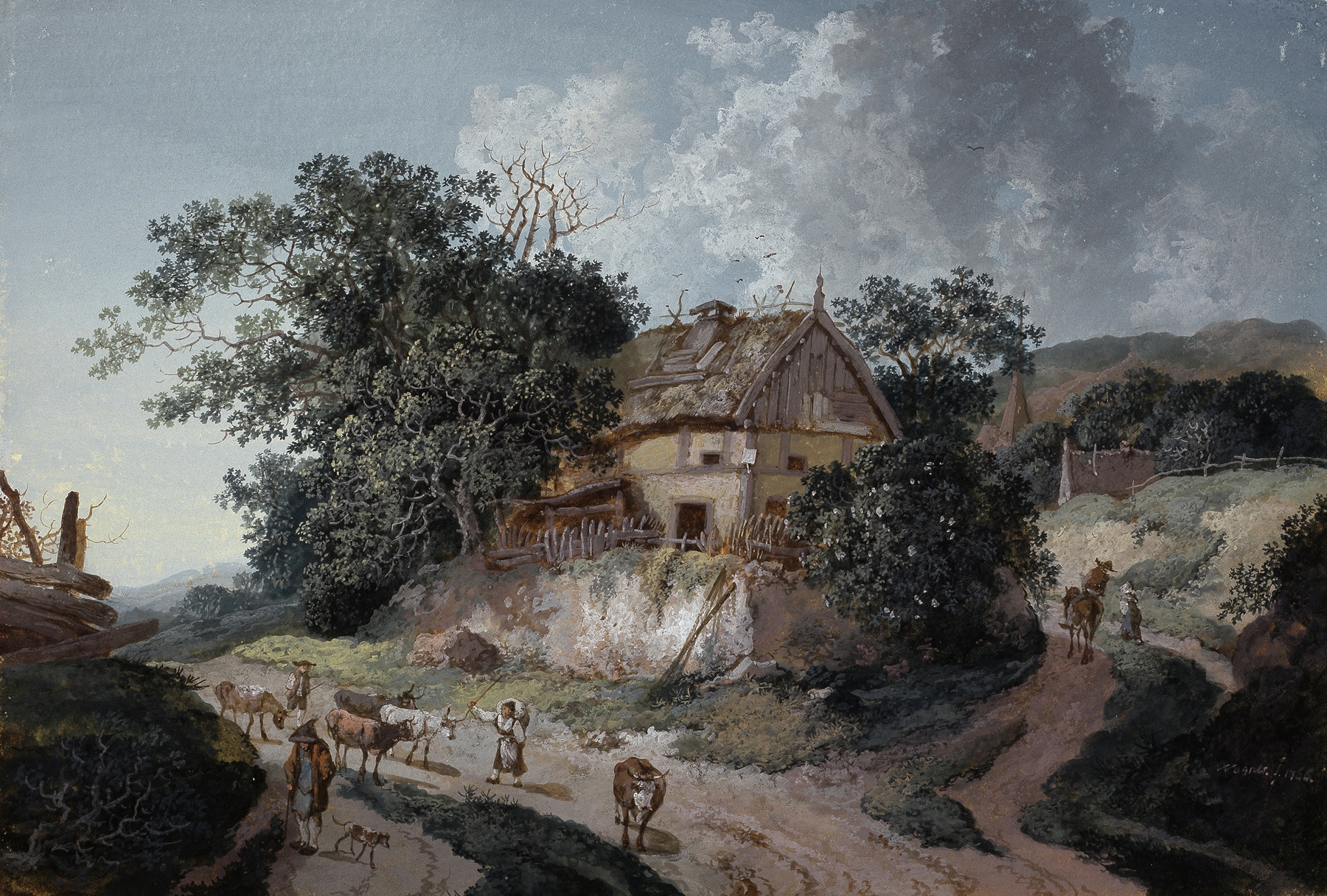 Rococo landscape featuring a farmhouse and trees by Johann Georg Wagner