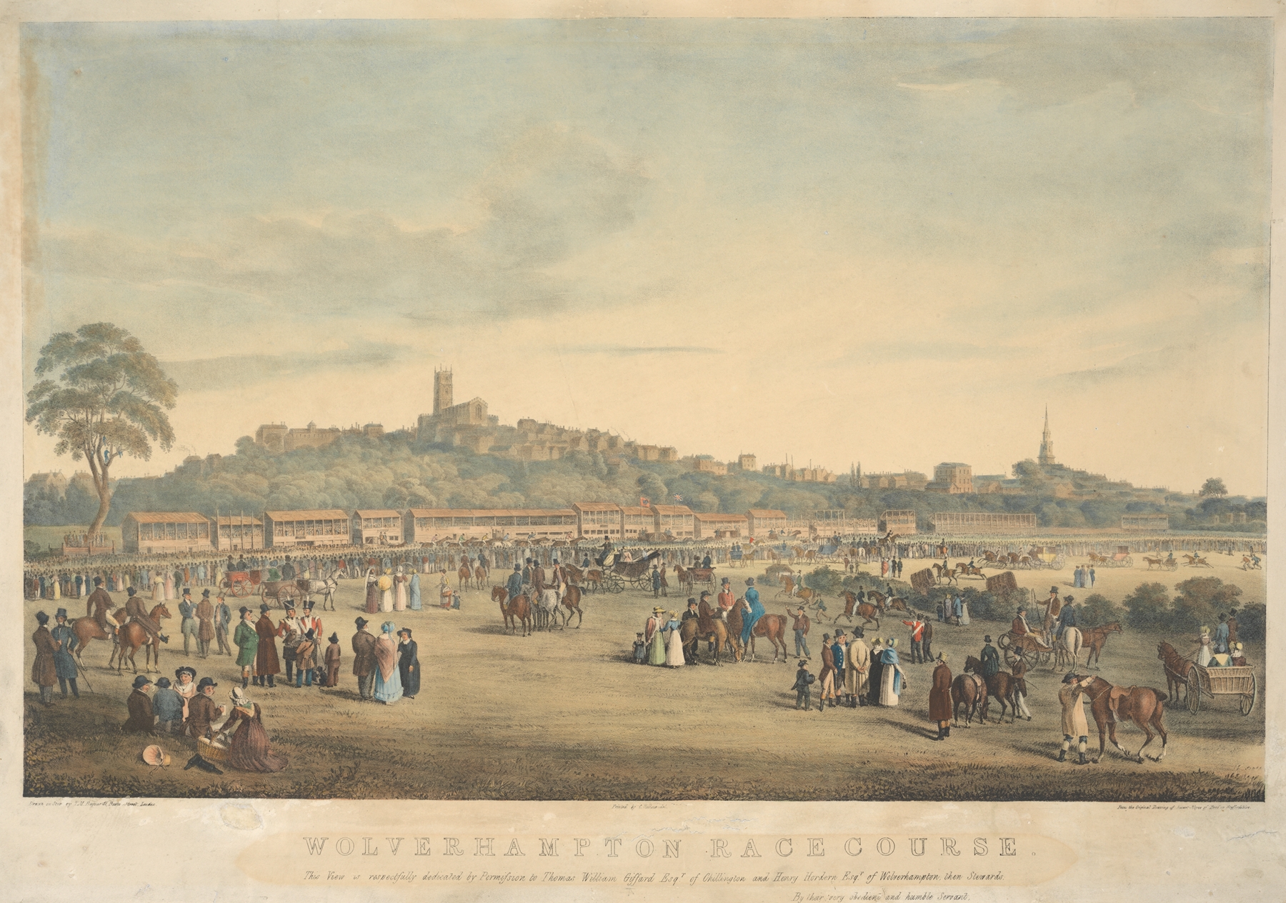 Wolverhampton Race Course, oil on canvas by Thomas Mann Baynes depicting a horse race with jockeys in motion.