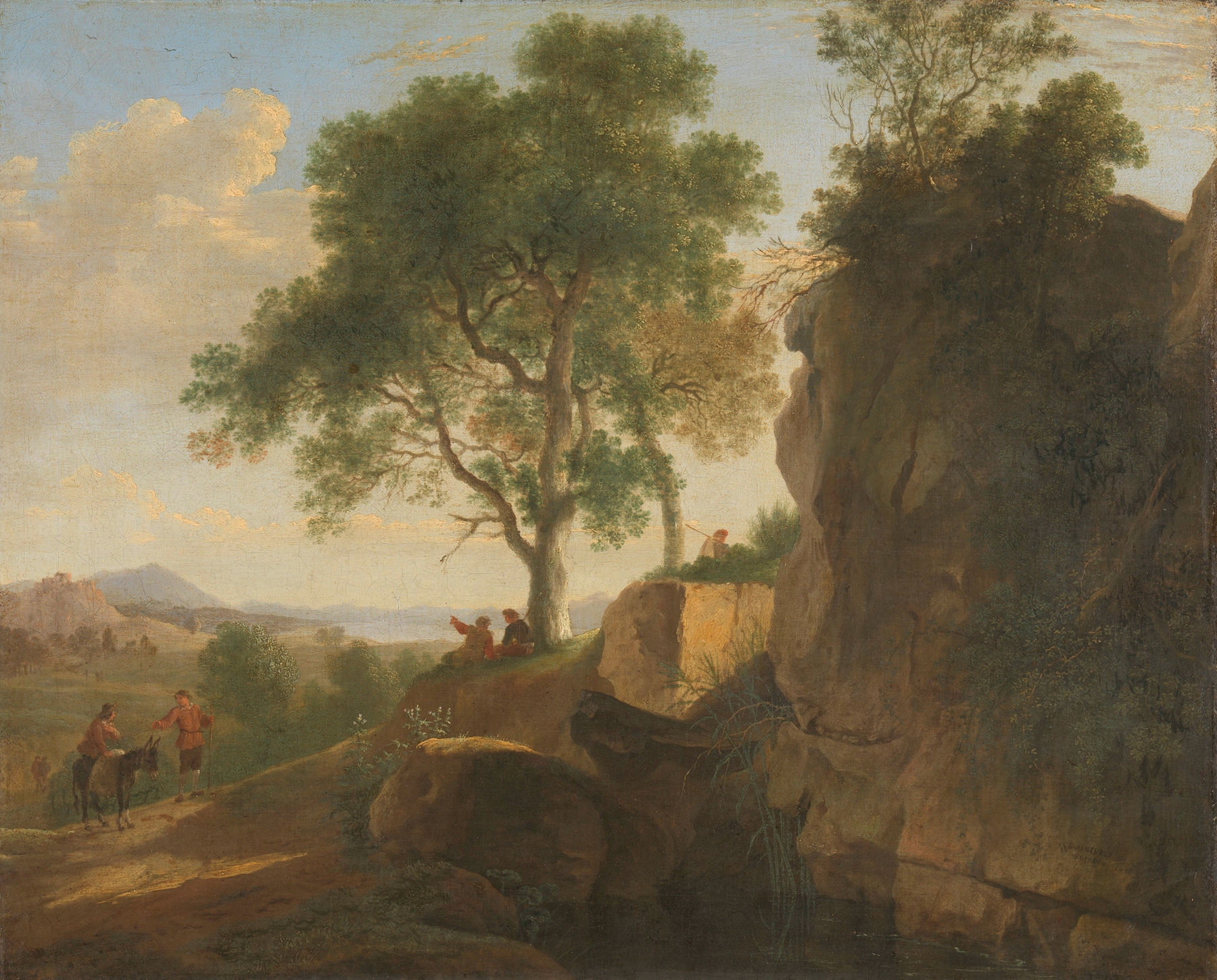 Italian landscape by Herman van Swanevelt, oil painting depicting rolling hills and vibrant sky.