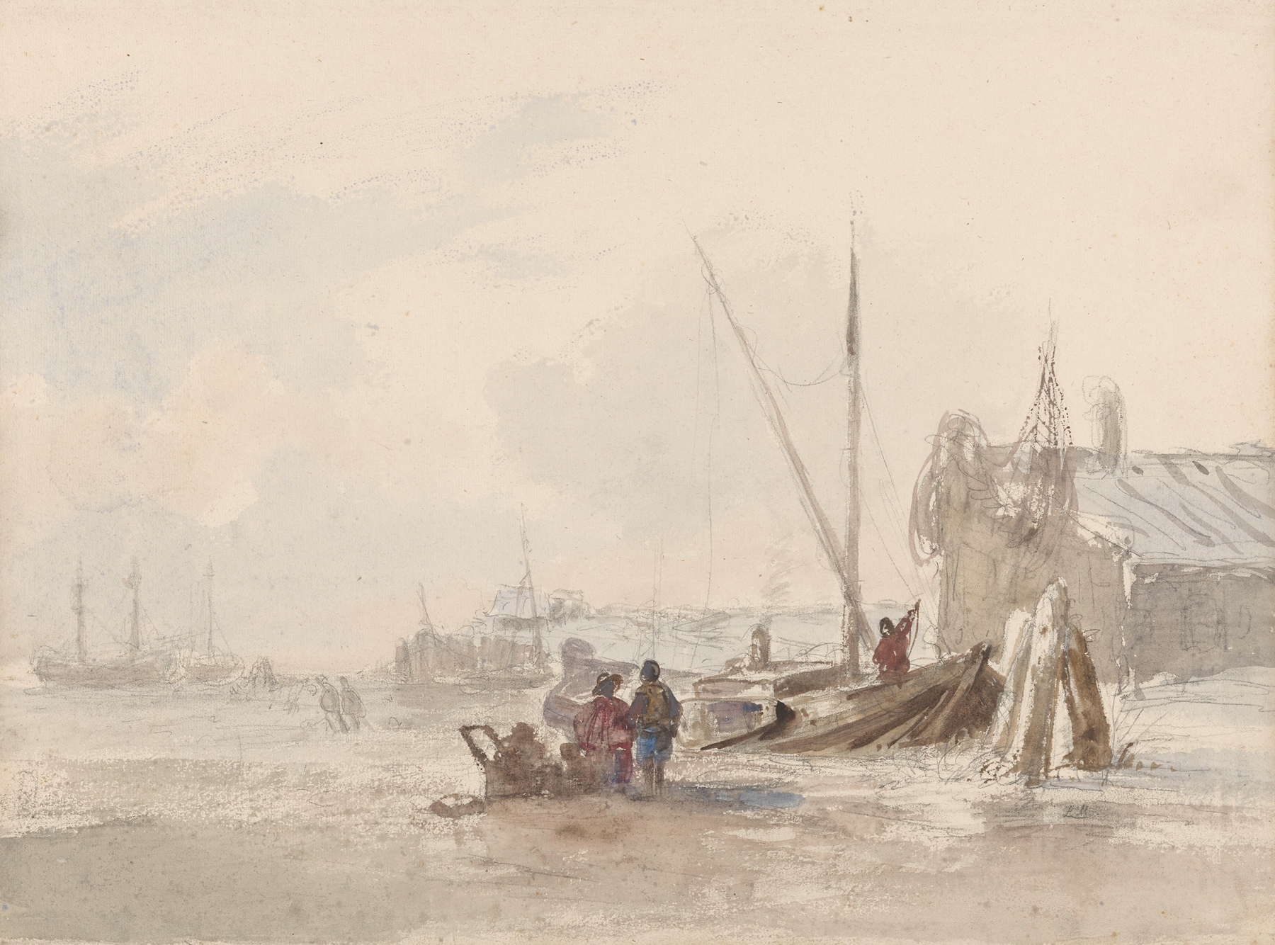 Marine scene with fishermen and a boat on the beach by Louis Meijer, oil painting