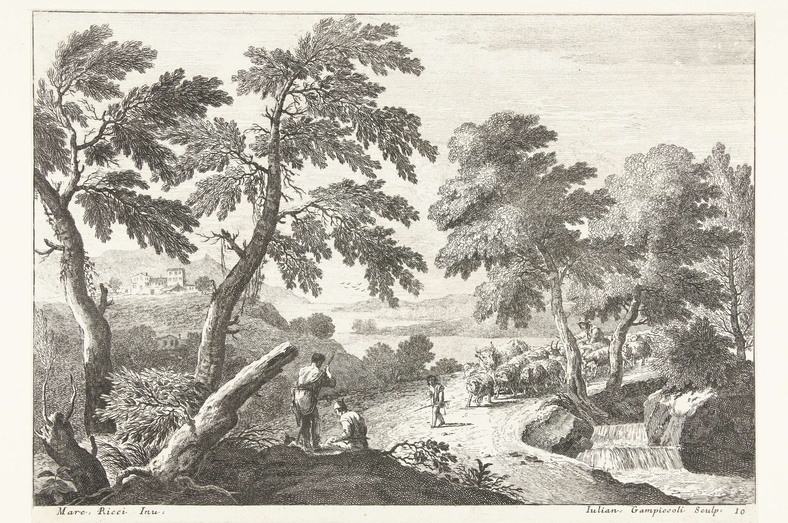 Landschap met herders op weg langs kleine waterval, etching by Giuliano Giampiccoli