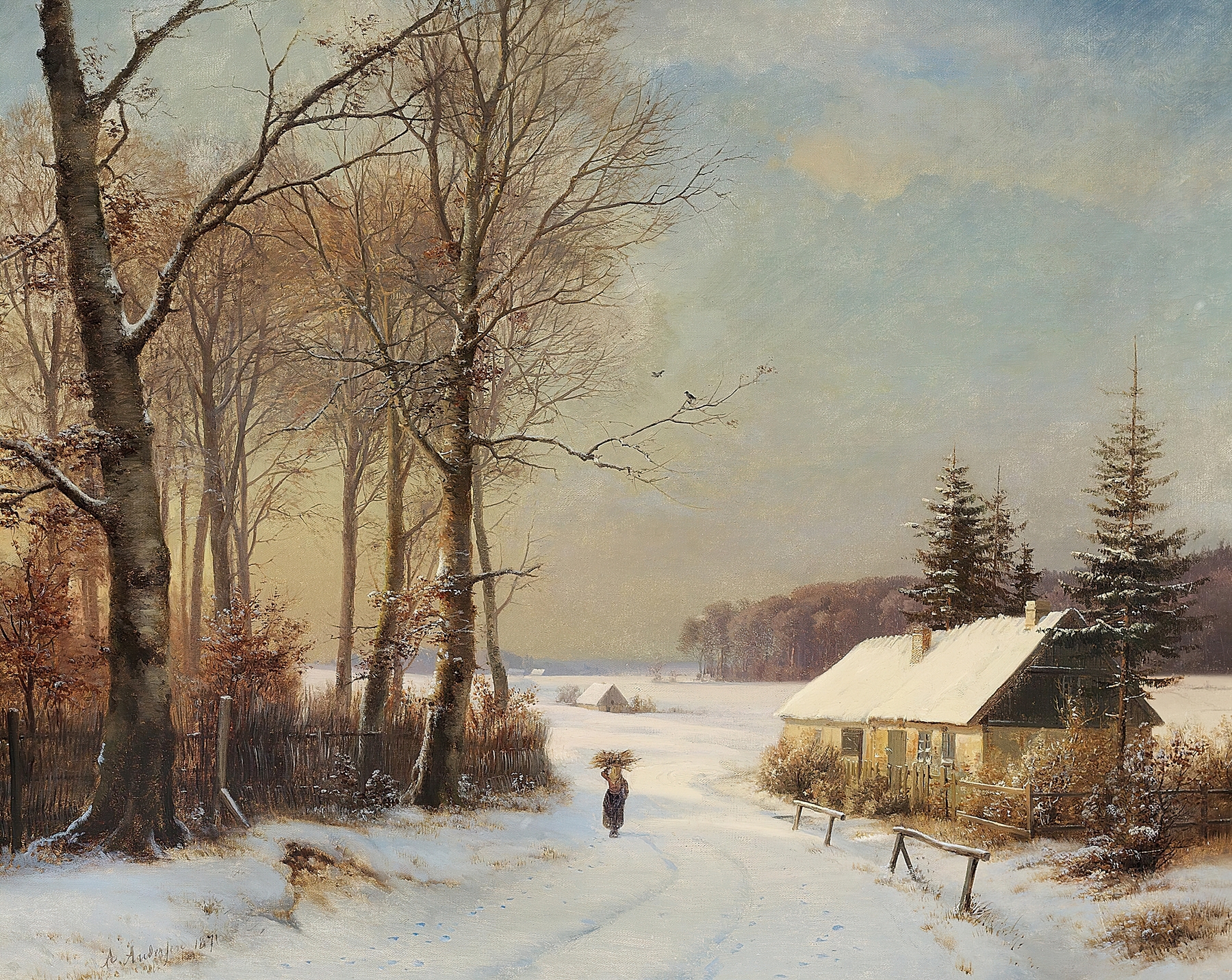 Winter landscape with a figure beside a house, oil painting by Anders Andersen-Lundby
