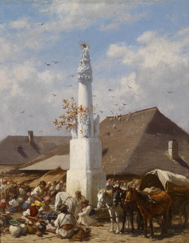 A lively market scene depicting vendors and customers in Szolnok.