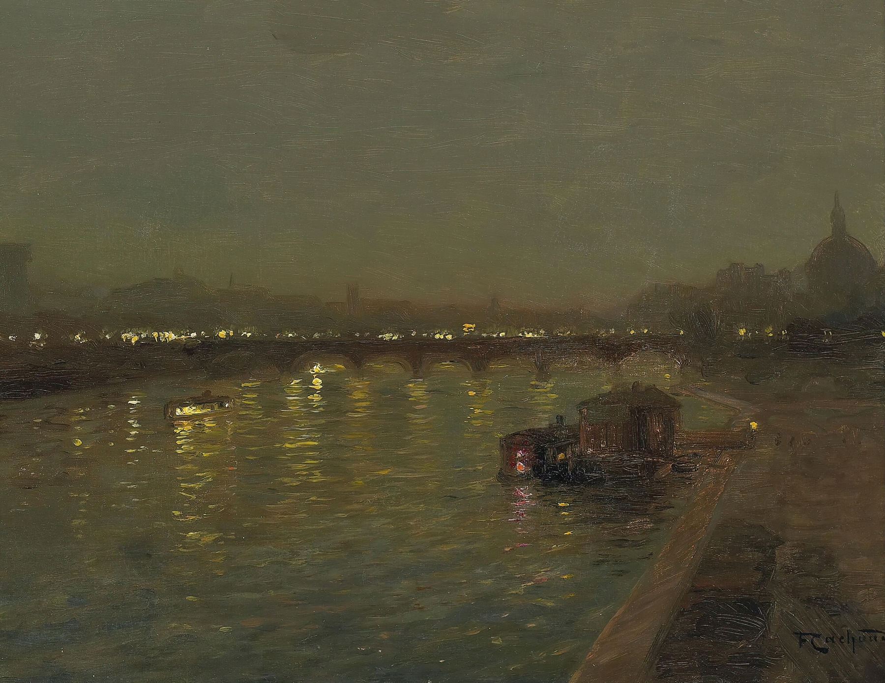 Lights On The Saint Pères Bridge, Paris by François-Charles Cachoud, impressionism