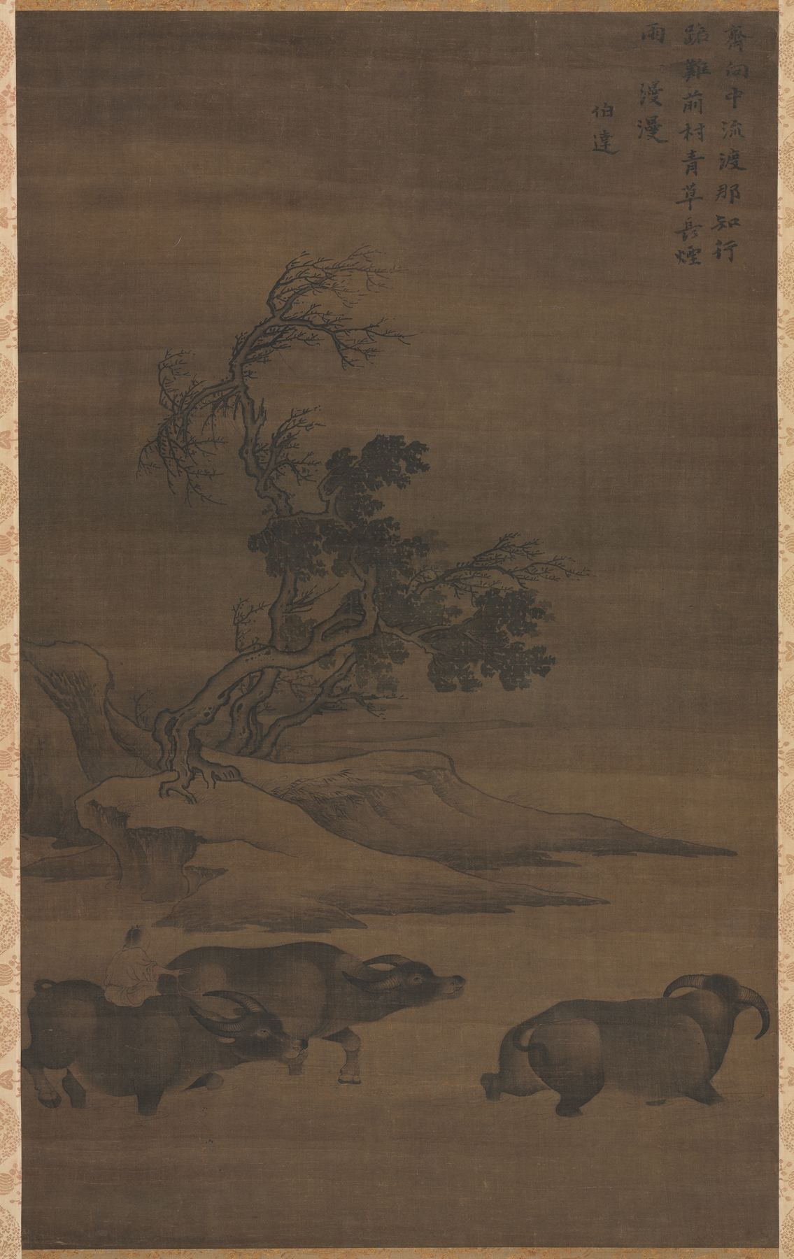 Herdboys and buffalo in a landscape, oil on canvas by Guo Min