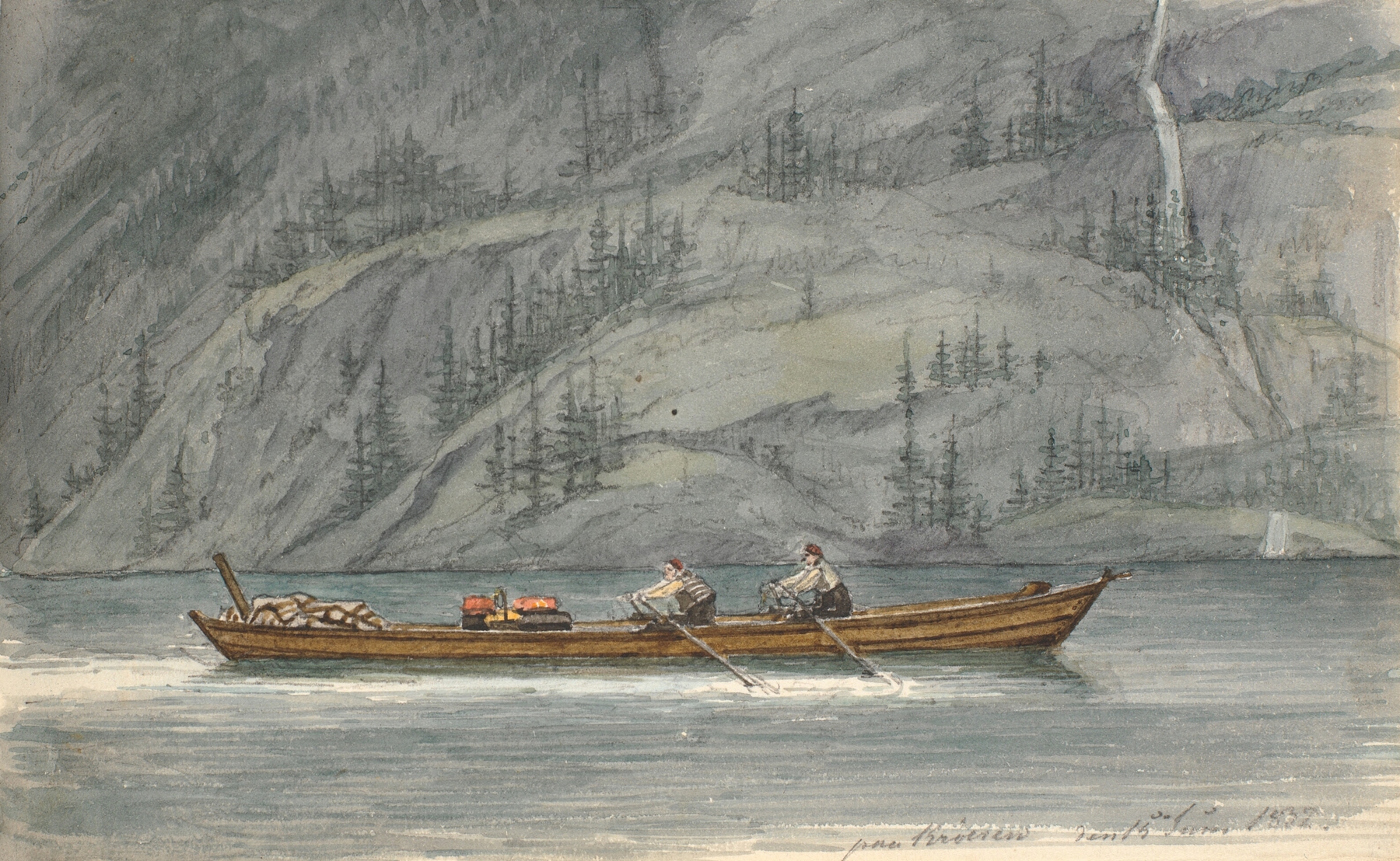 Fjordlandskab med robåd by Martinus Rørbye, oil on canvas depicting a tranquil fjord scene.